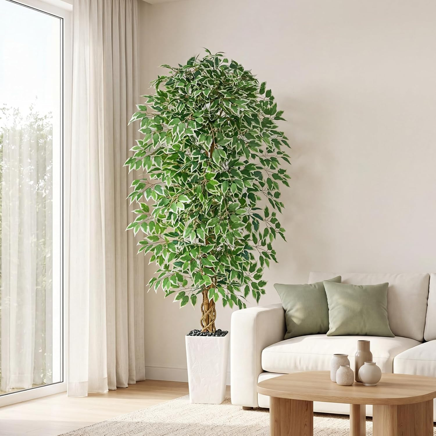 6FT Artificial Ficus Tree, Tall Fake Ficus Tree with Natural Wood Trunk & Silk L