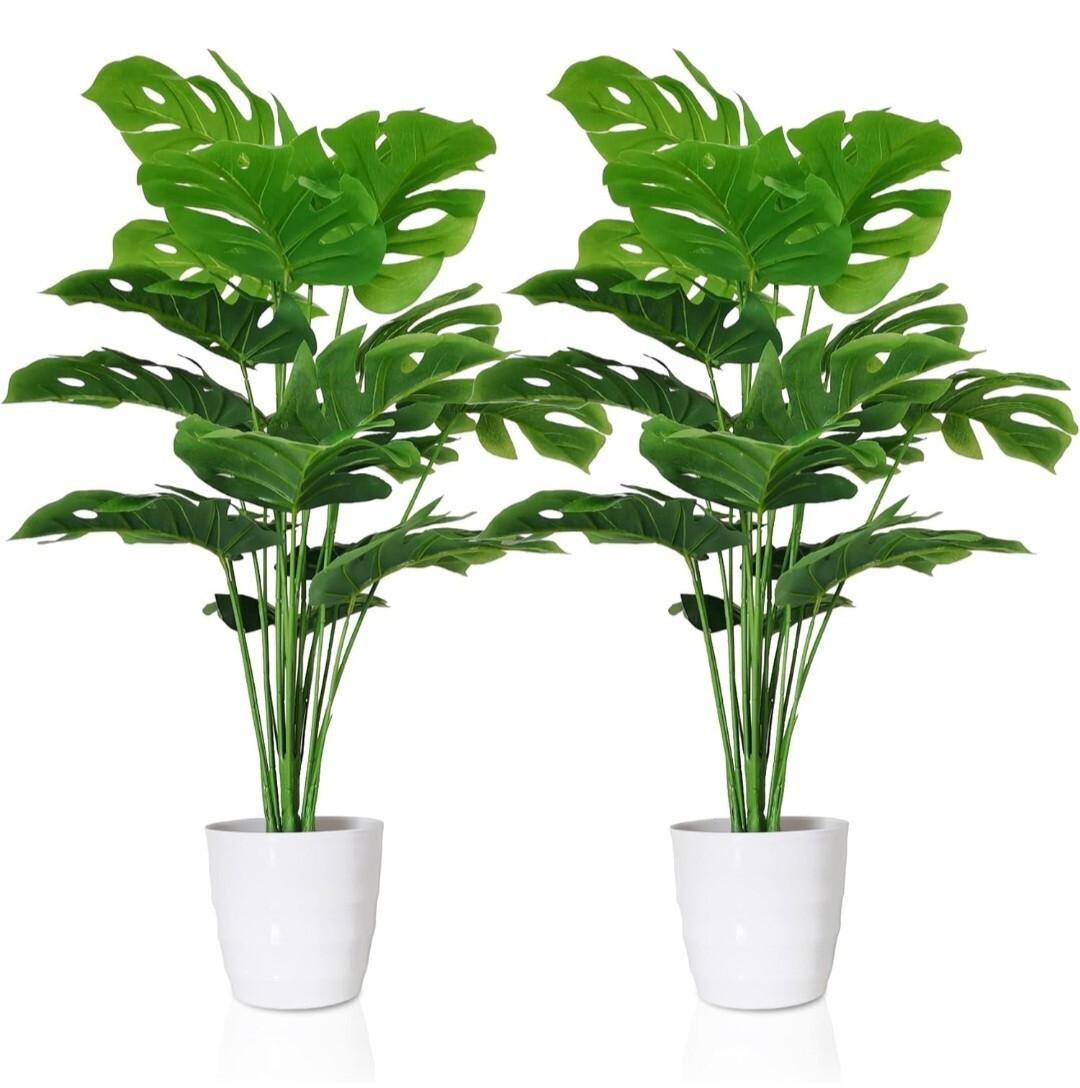 Set of 2 Artificial Monstera Deliciosa Plants in Pots, Fake Tropical Palm Tre…