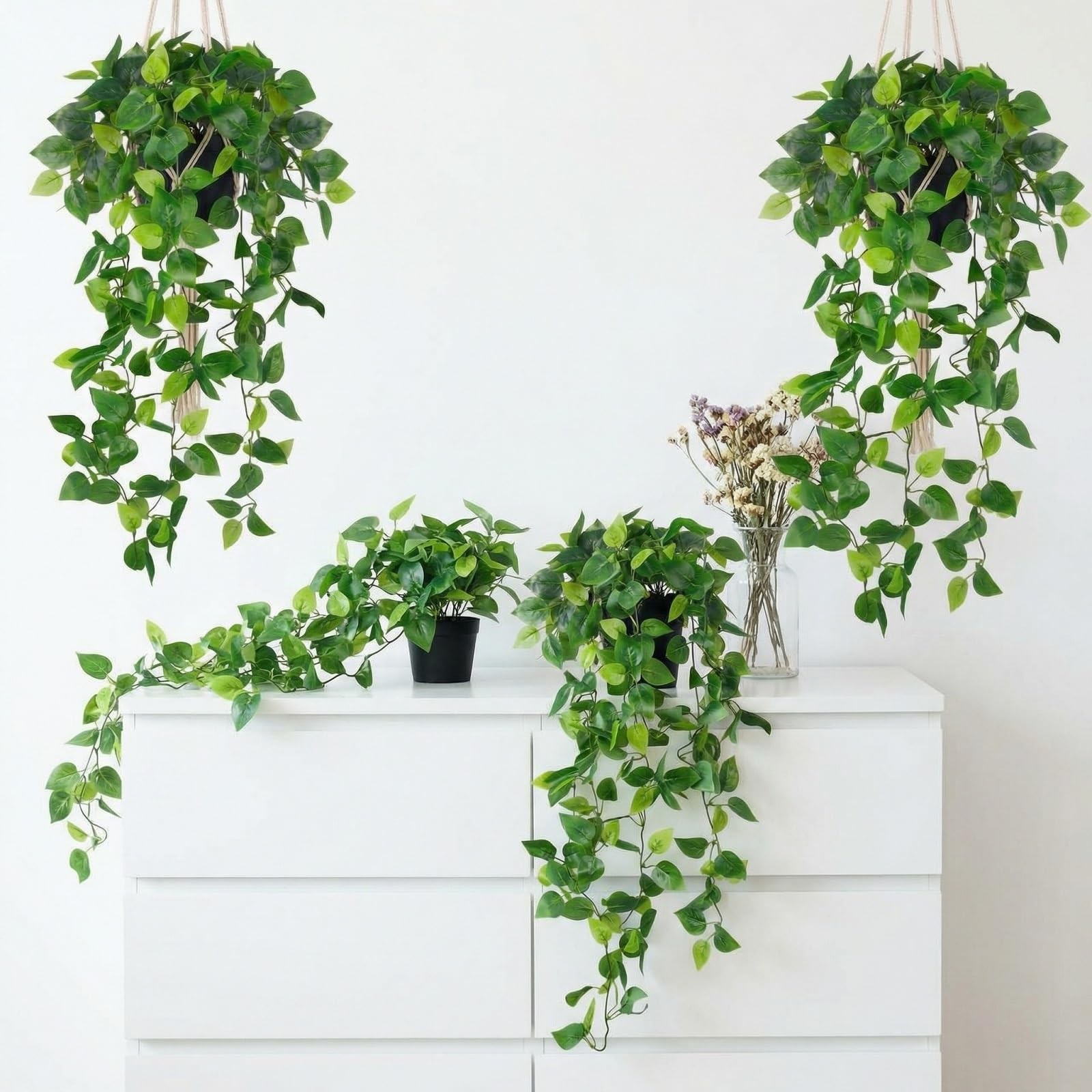 4 PCS 35 Inch Fake Pothos Hanging Plants Faux Ivy Vines Pots Artificial Decor