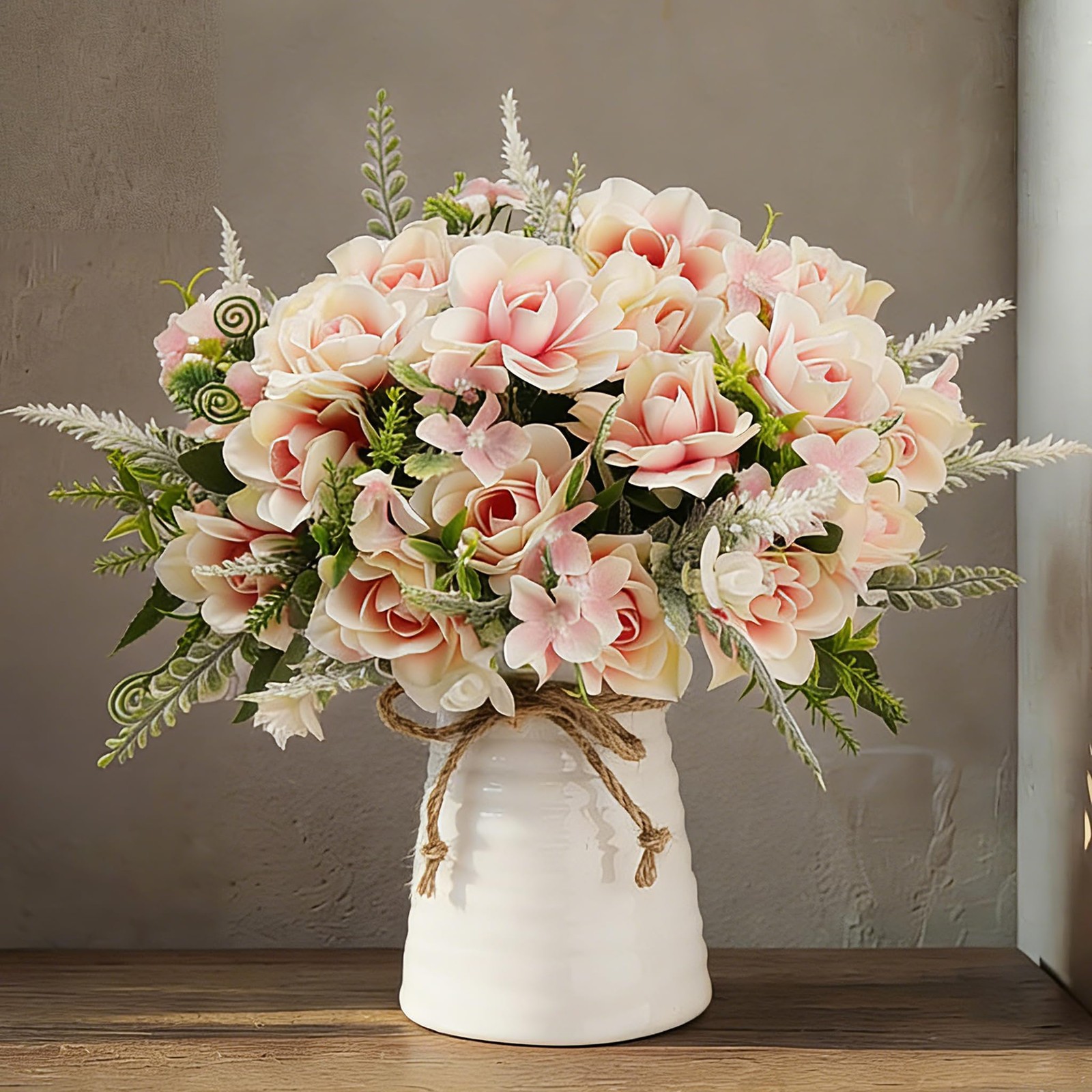 Pink Fake Silk Gardenia Artificial Flower Vase Table Centerpiece Decor Office