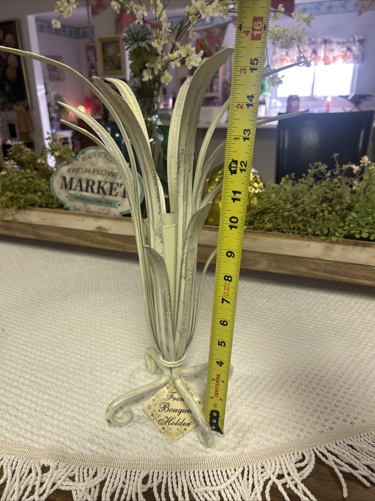 Vintage French Bouquet Holder Aged White Metal Displayer For Floral Cottage New