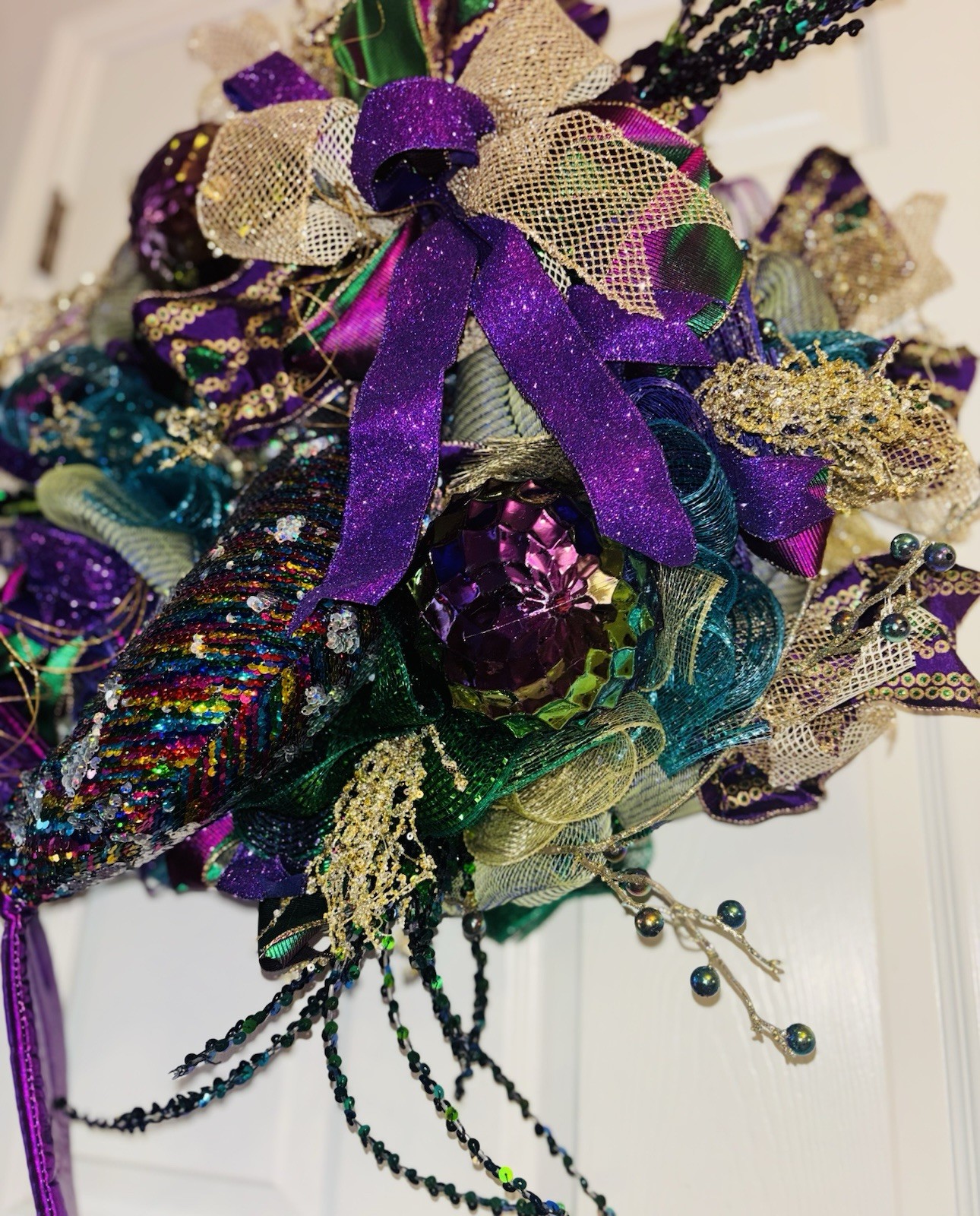 Mardi Gras Wreath Extra Large With Mermaid Tail and Fleur De Lis Handmade Deco