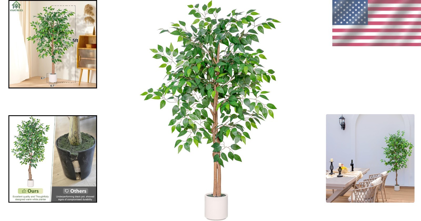 Realistic 5FT Artificial Ficus Tree in White Planter – Perfect -Round Decor