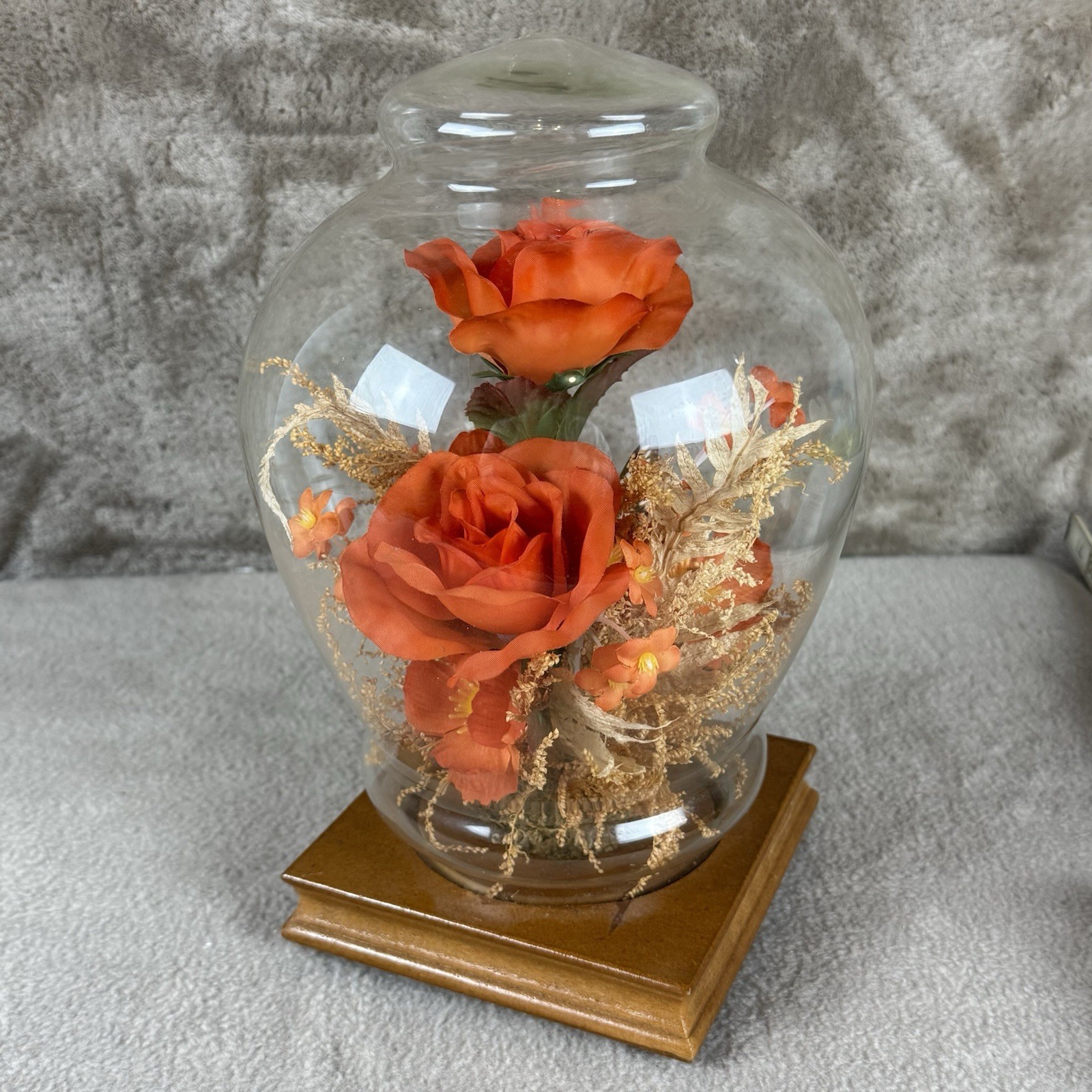 Vintage Butterfly w/Silk Flowers Under Glass Dome Cloche~Silk Flowers Wood Base