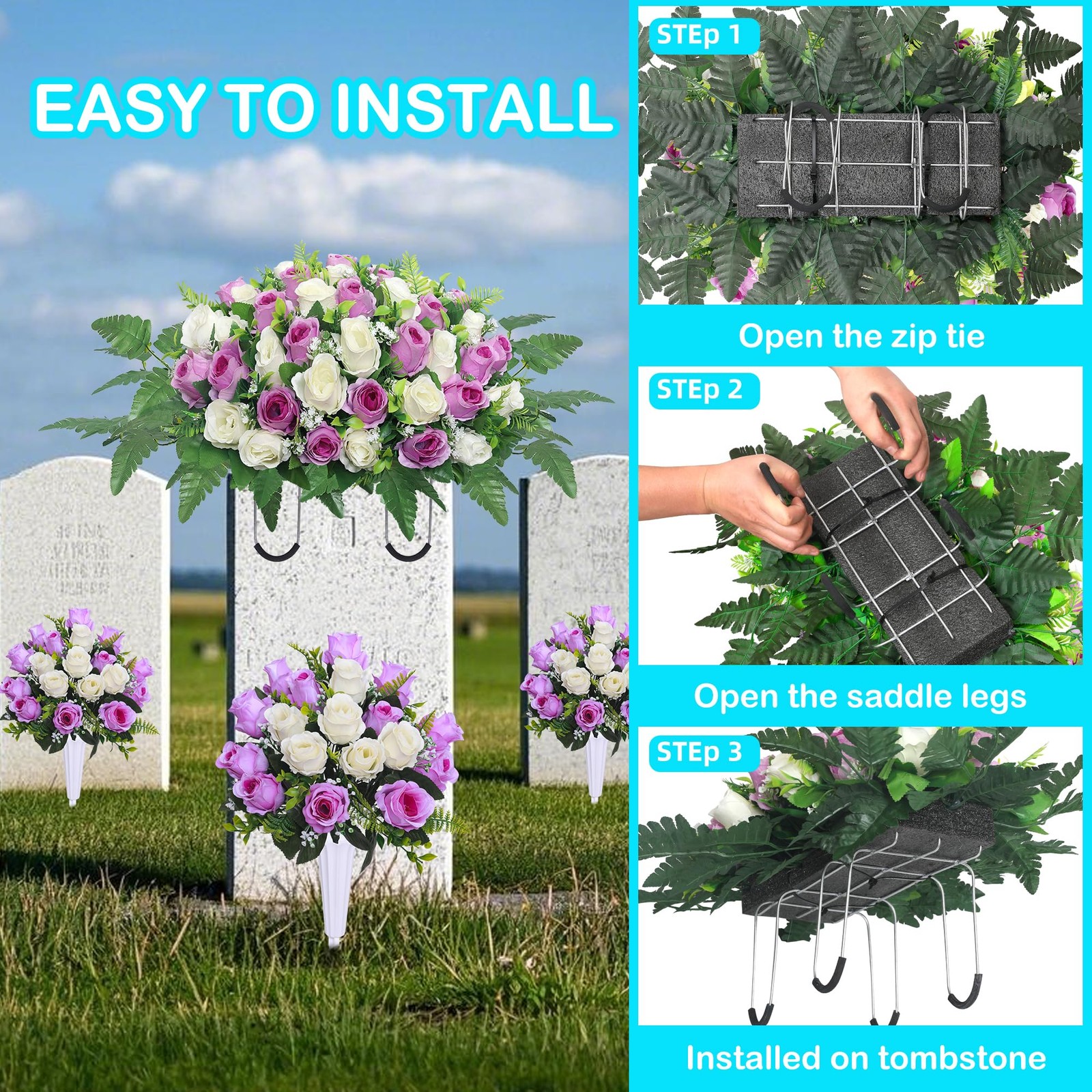 Artificial Cemetery Flower Saddles, Cemetery Memorial Flowers with Vase,Outdo…