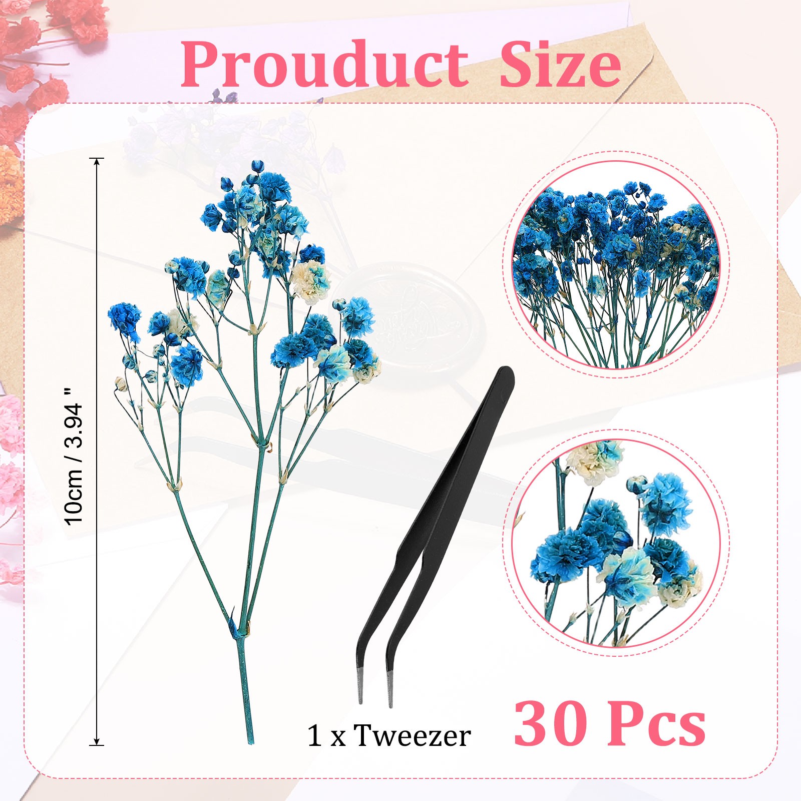 30Pcs Dried Gypsophila Flower 4″ Dark Blue Pressed Flowers with Tweezer