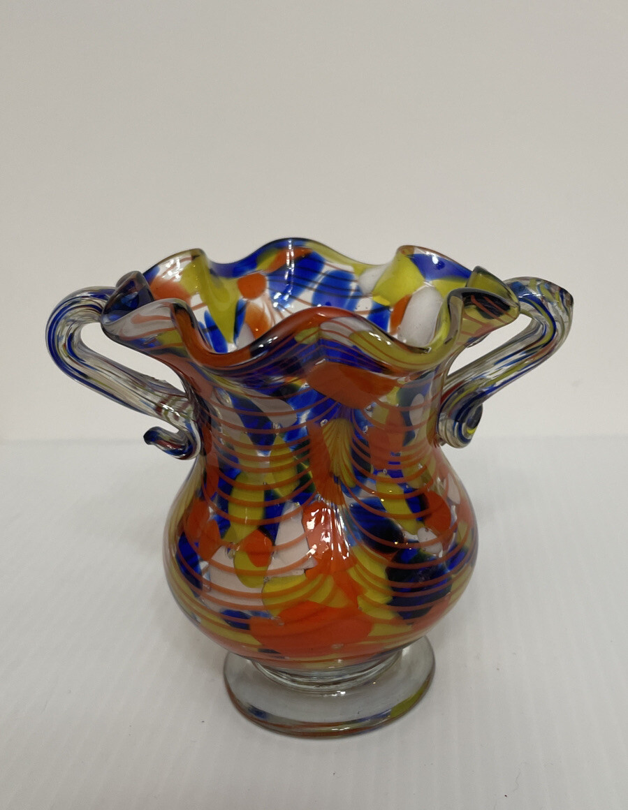 Vintage Double Handled Confetti Murano Vase Lavorazione Hand Blown Made in Italy