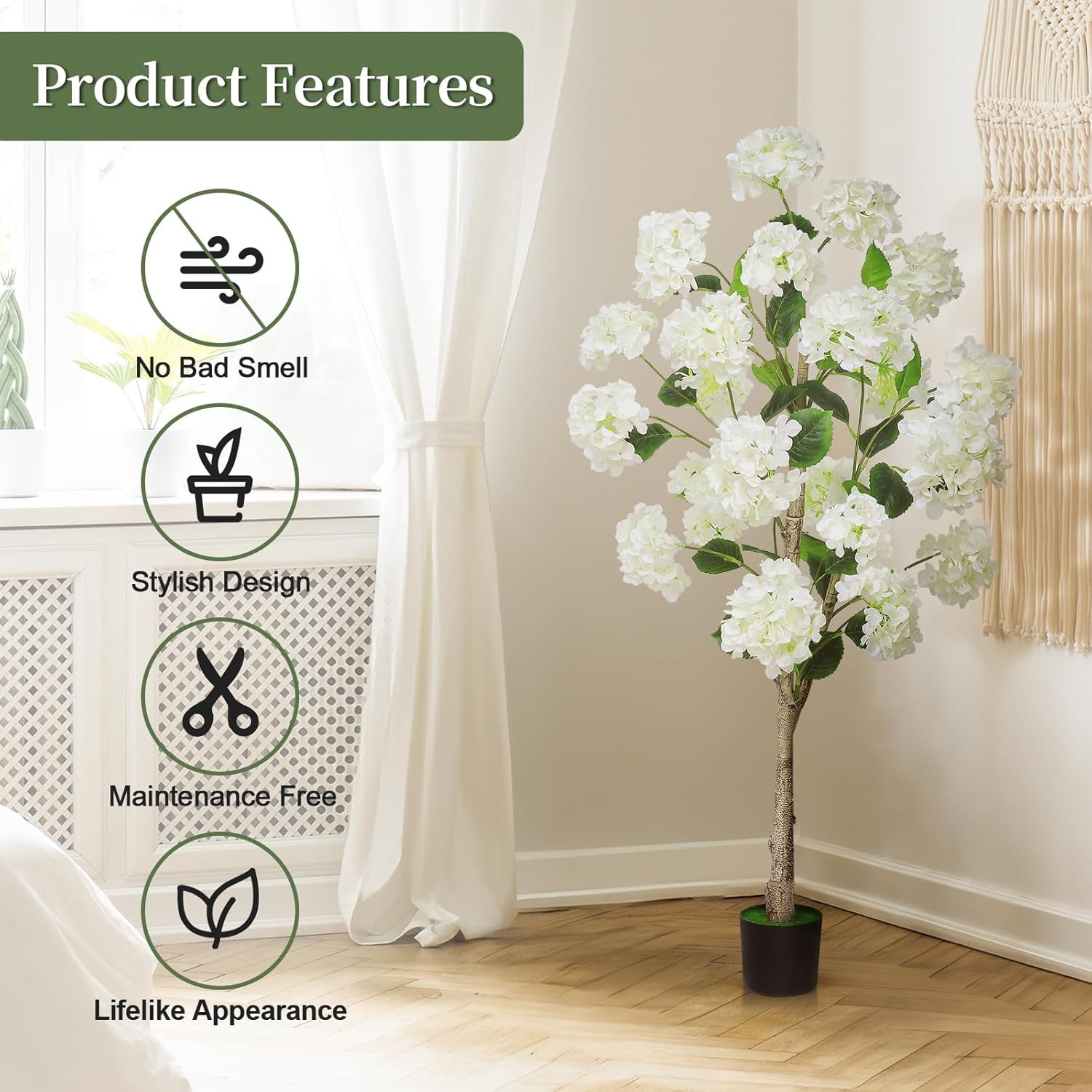 4FT White Hydrangea Artificial Tree – Lifelike Silk Floral Decor for Home & Gard