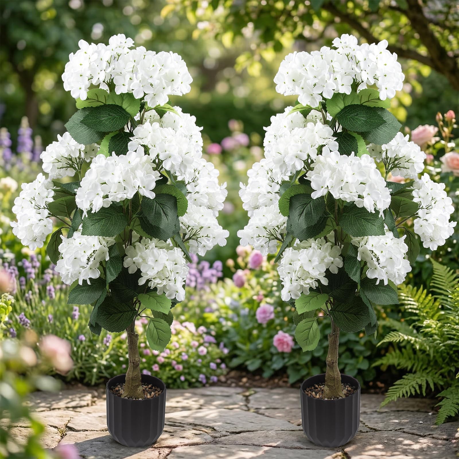2 Pcs 3 Ft Artificial Hydrangea Trees Potted, UV Resistant Faux Silk Hydrange…