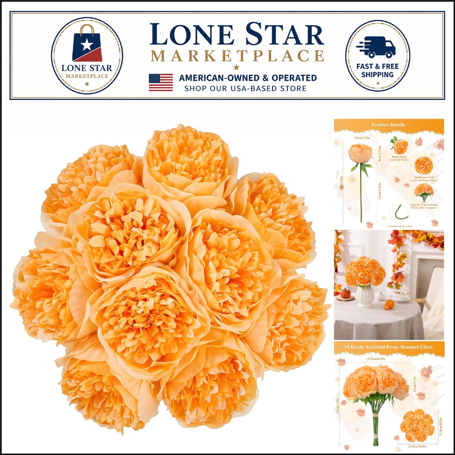 Vivid Orange Artificial Peony Flowers – 10pcs for Elegant Home Decoration