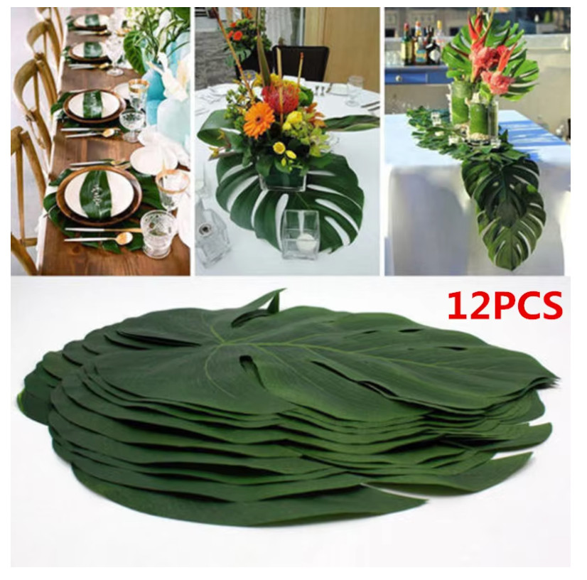 12pcs Tropical Palm Leaves Artificial Leaf Decor, Green Jungle Plant Decoration.