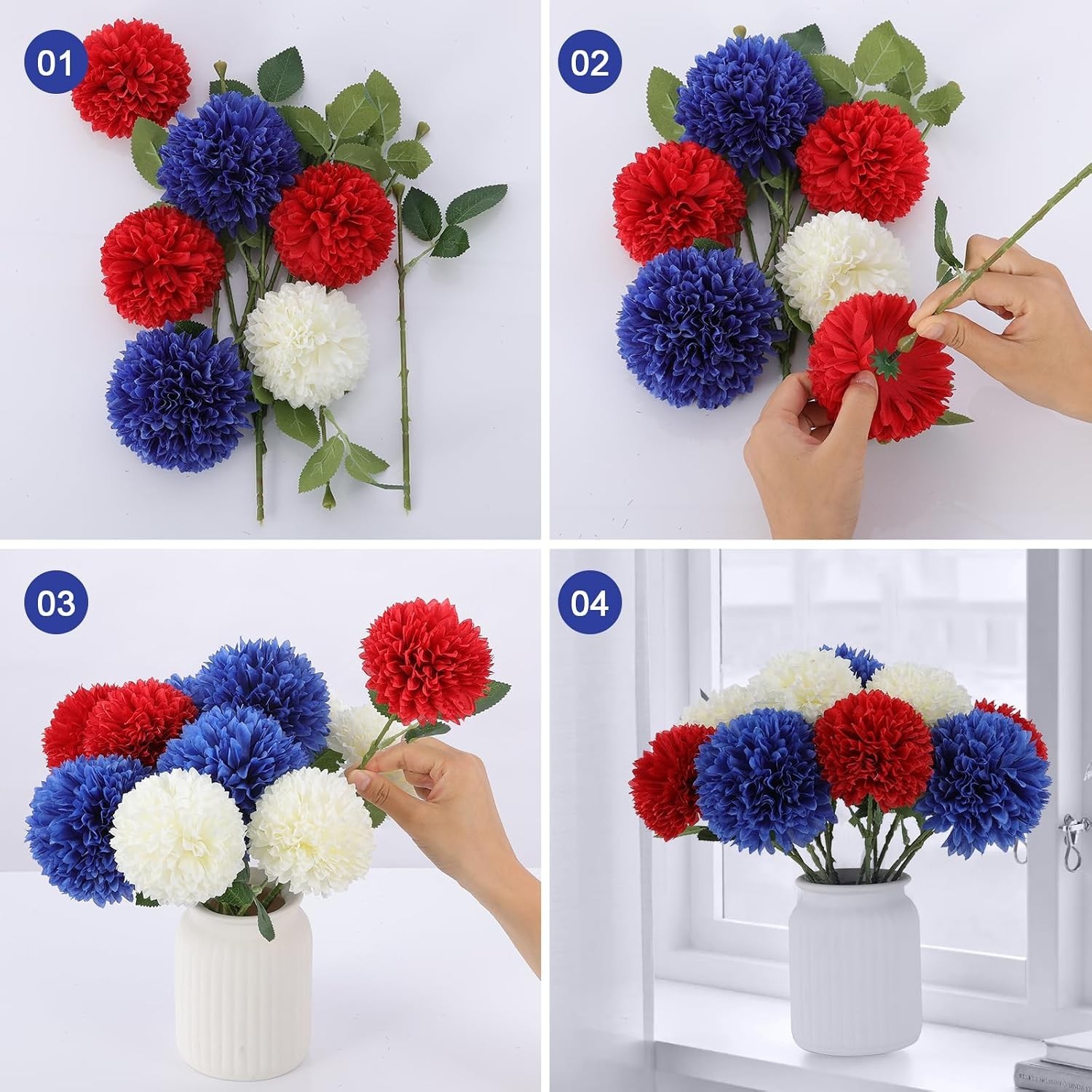 Realistic Silk Chrysanthemums – 12 Count Red, White & Blue – Indoors/Outdoors