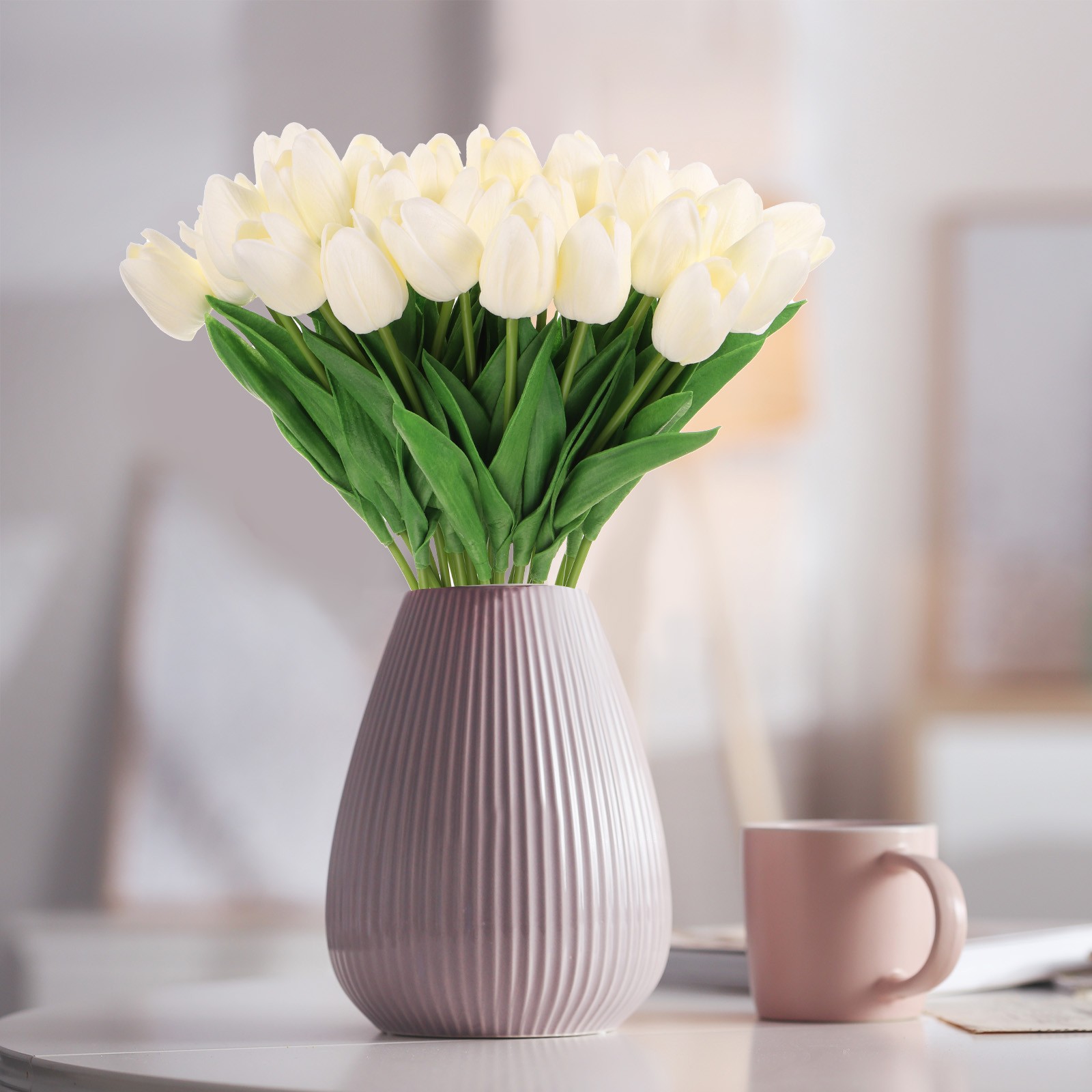 24Pcs Fake Tulips Artificial Flowers, PU Tulips with Stems, Yellow white