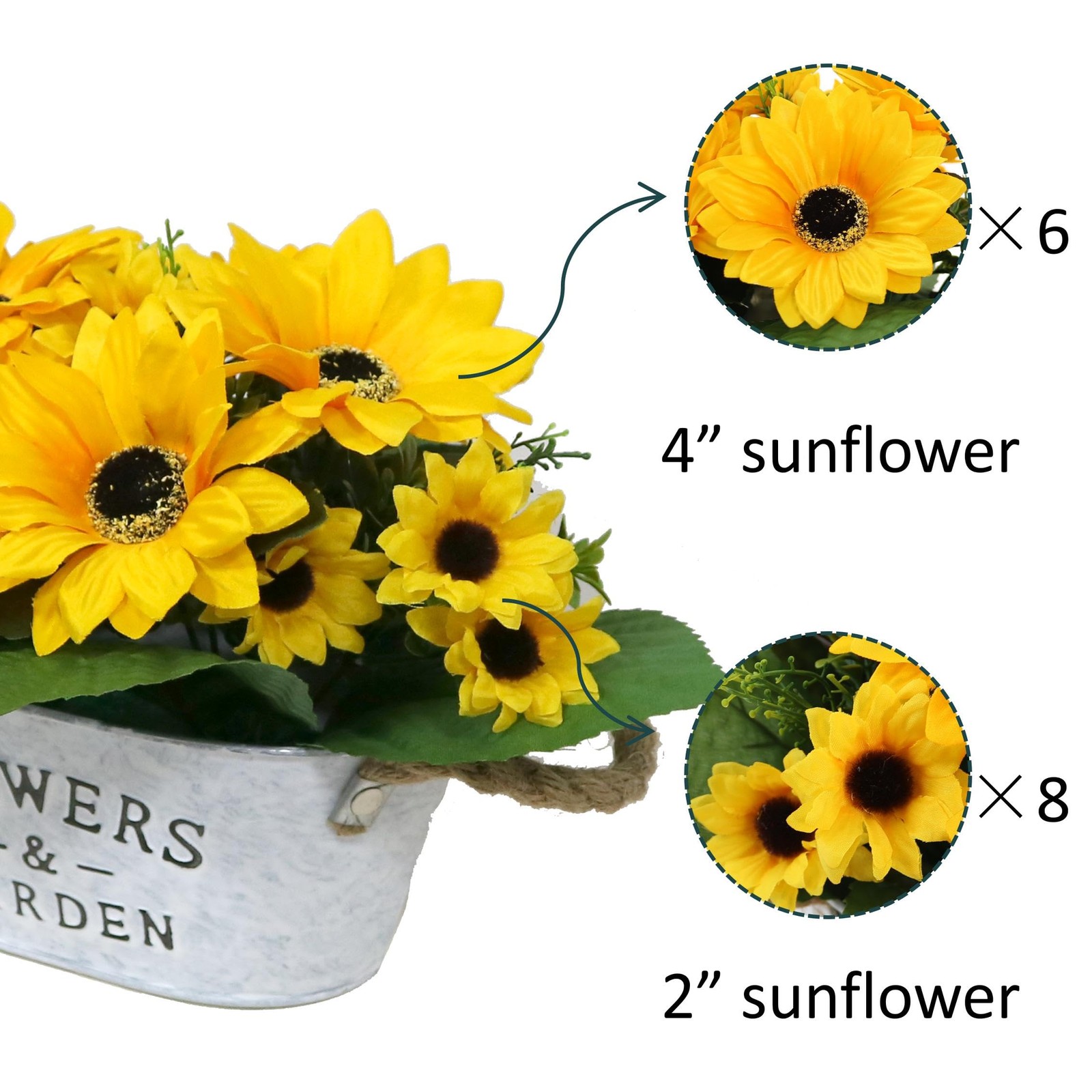 Artificial Flowers in Pot 8″ Tall Faux Silk Sunflowers with Metal Planter, Fa…