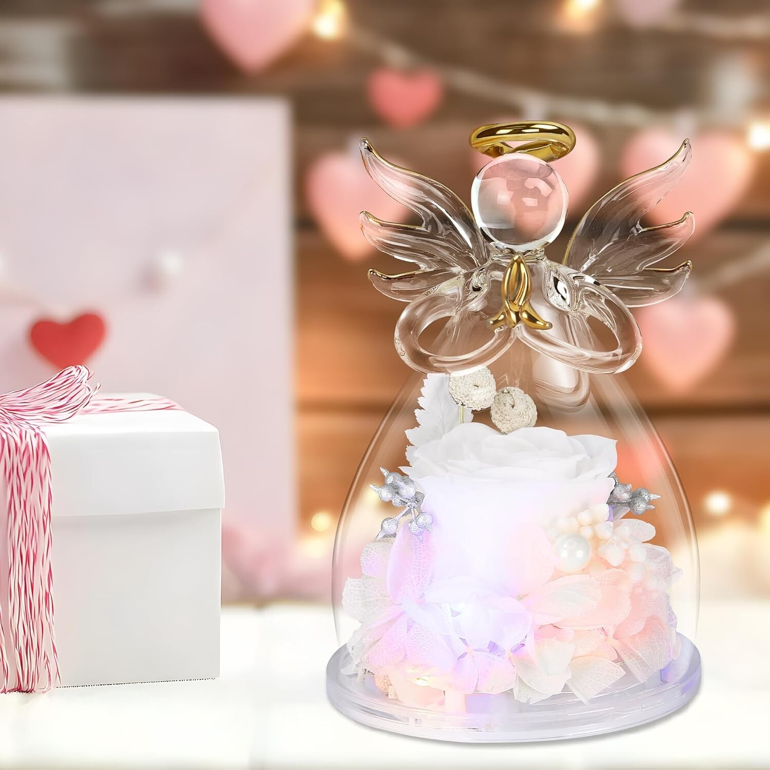 Preserved Flower Rose in Glass Angel Figurines,Mothers Day Rose Gifts for Mom,Bi