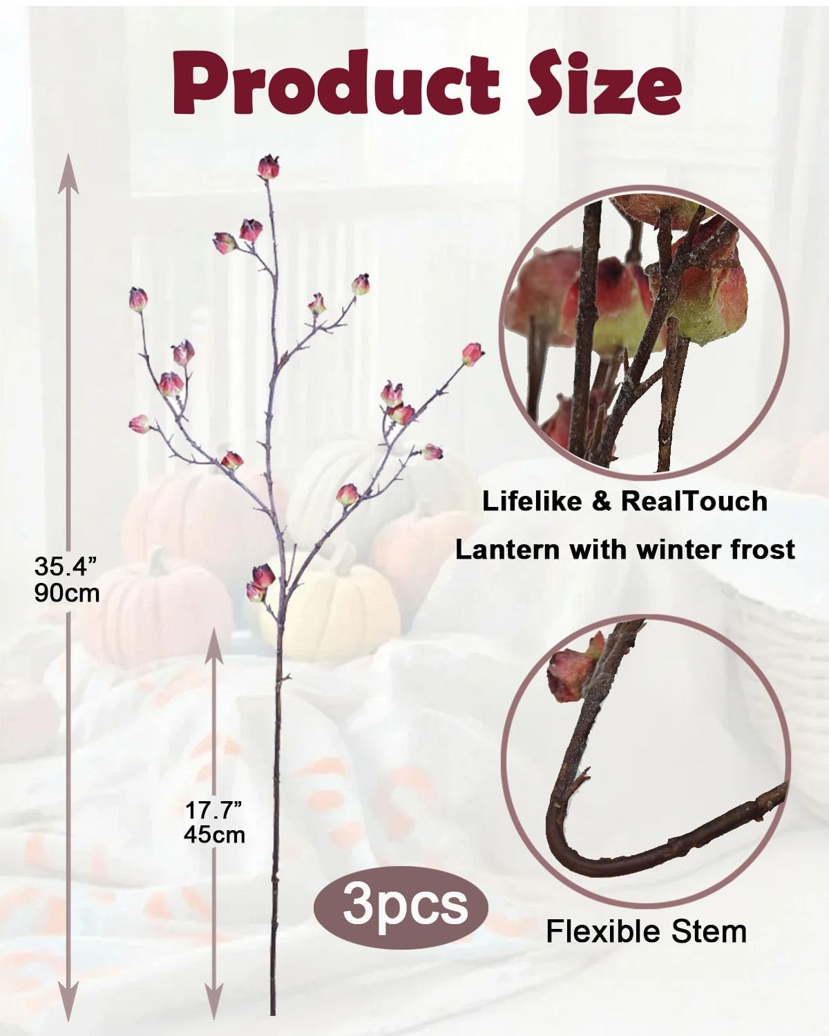 3Pcs Faux Stems for Tall Vases, 35.4 Inch Bendable Red Branches with Frosted …