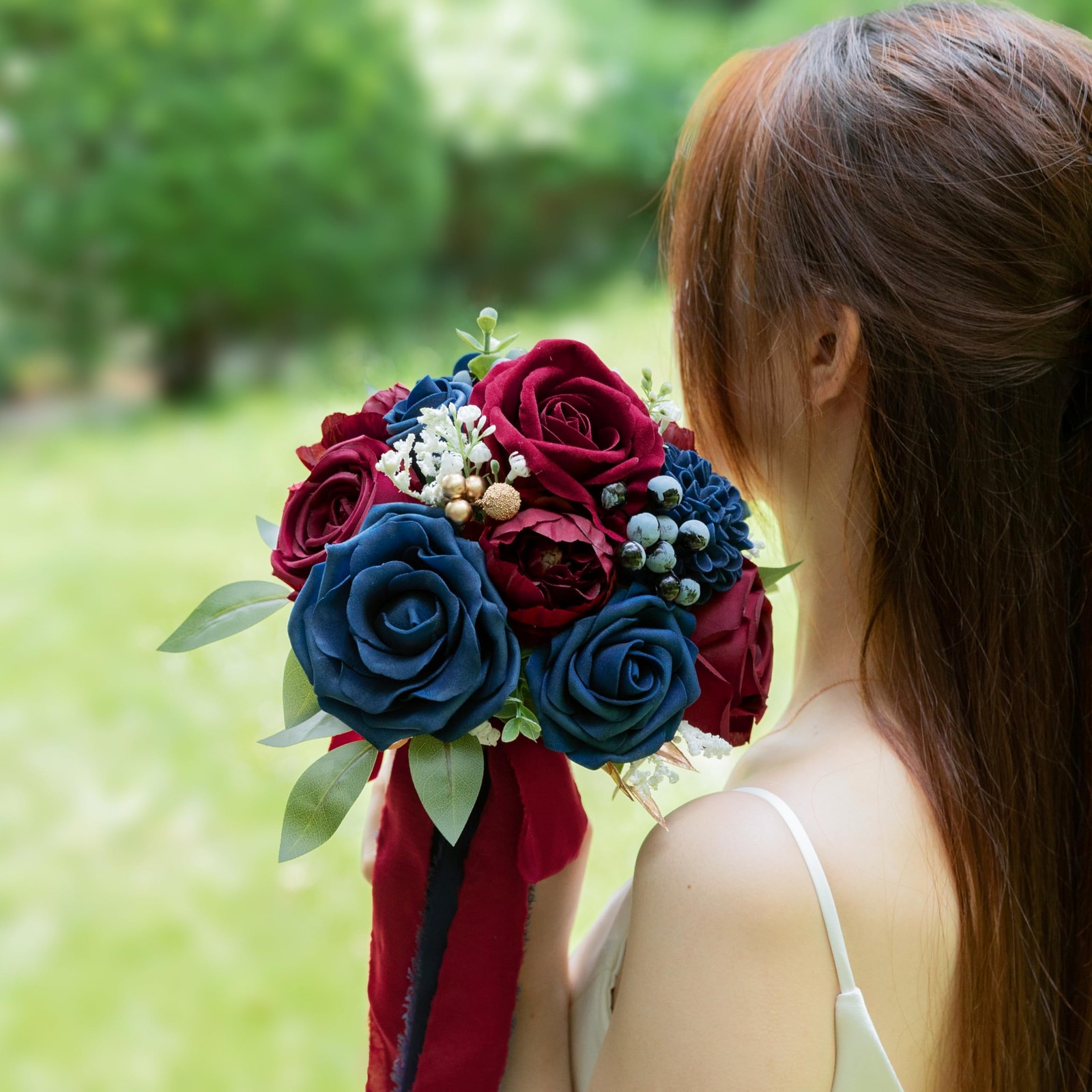 Navy Blue Burgundy Wedding Bouquets Bride Bridesmaid Artificial Roses