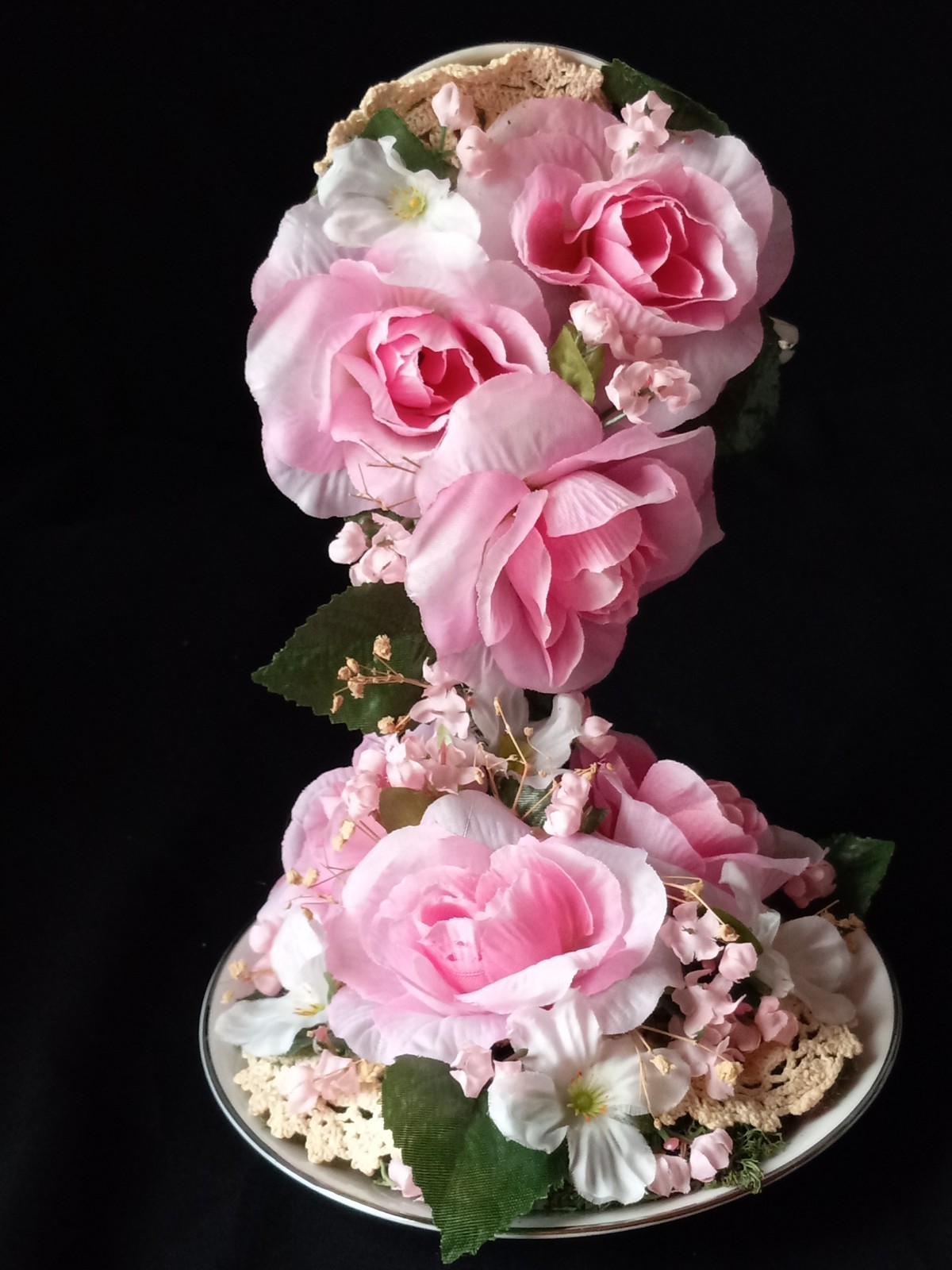 New Floral China Floating Teacup W Pink Floral Arrangement 8″ Tall #B FL#2