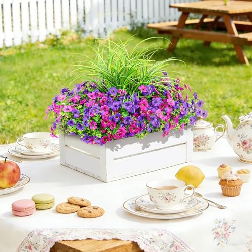 Artificial Flowers for Outdoors, 14 Bundles UV Resistant Fake Double Purple