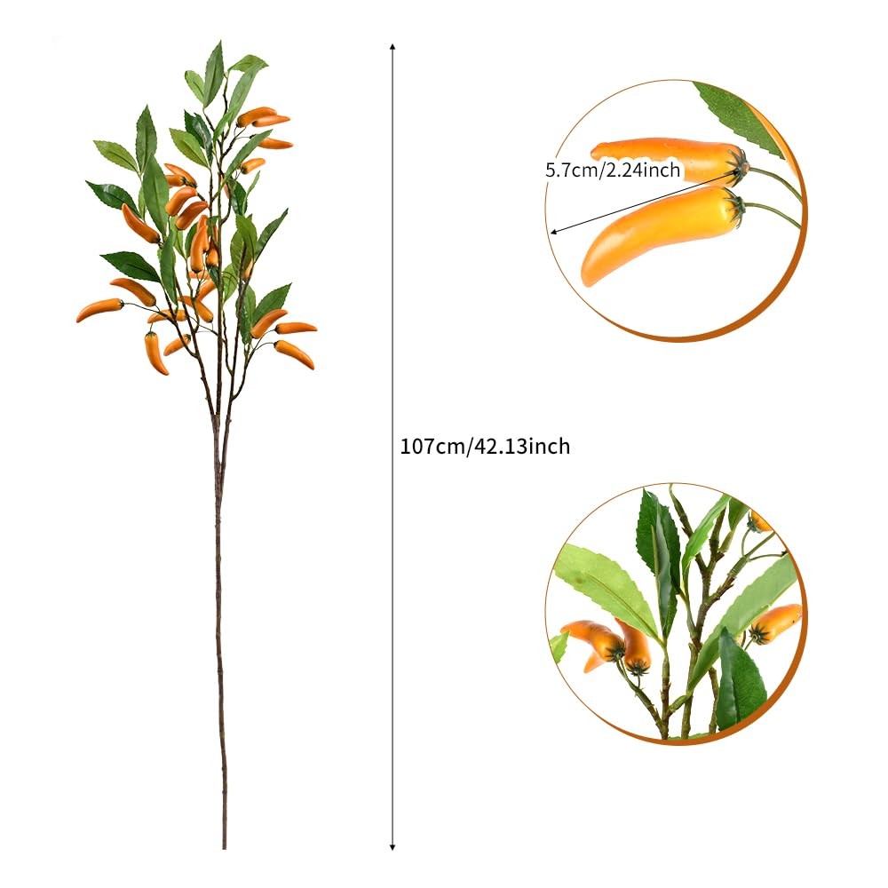 Small Artificial Chilli Pepper Plant Stems with Green Leaves and Orange Pods,…