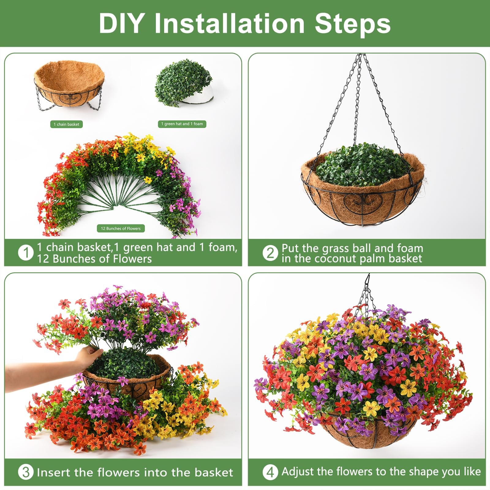 Artificial Flowers Fake Hanging Basket for Outdoor Spring Summer Decoration, …