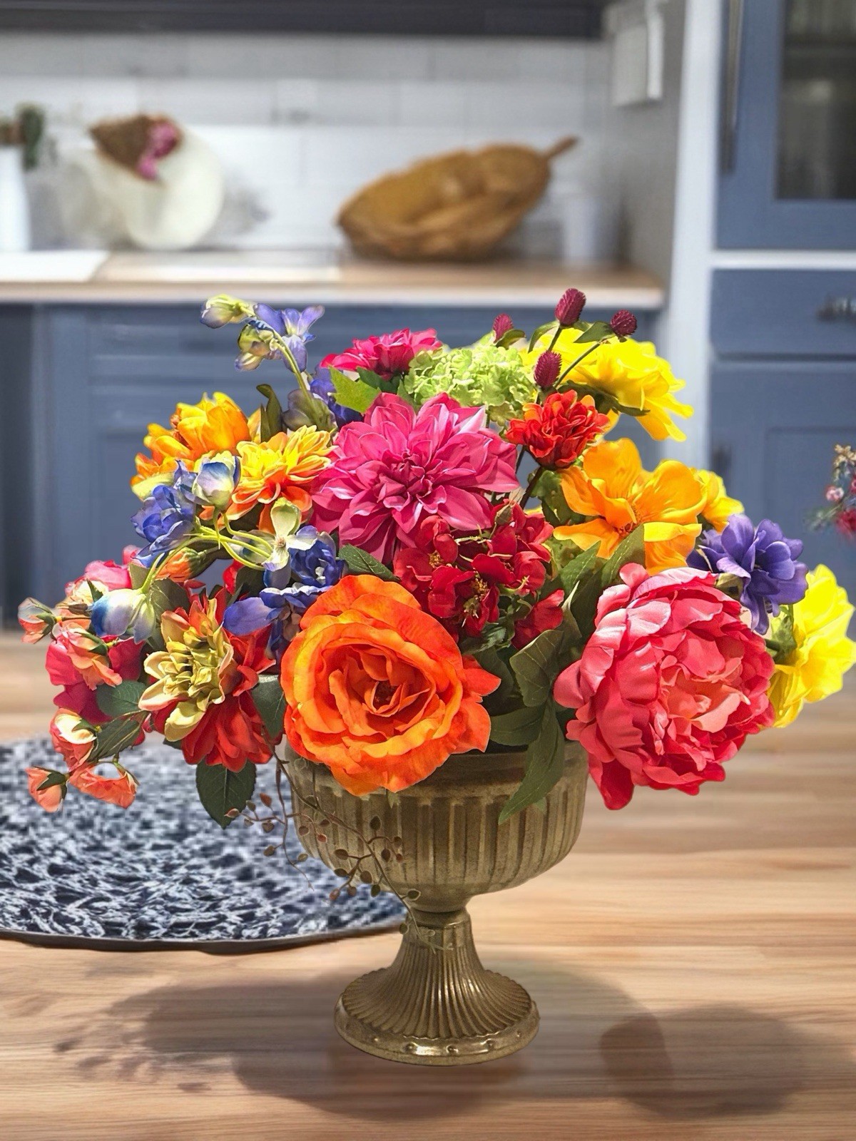 Bright Floral Arrangement Centerpiece 18” Spring Summer Pedestal Planter