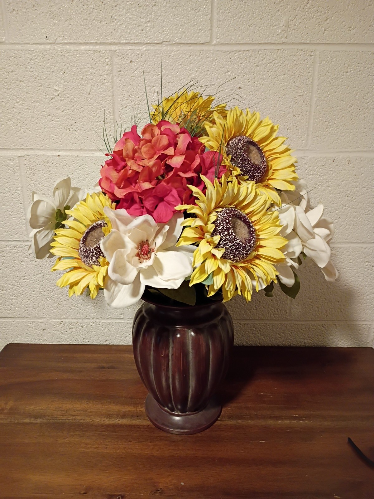 Bouquet of Large Silk Flowers In Bronze Vase