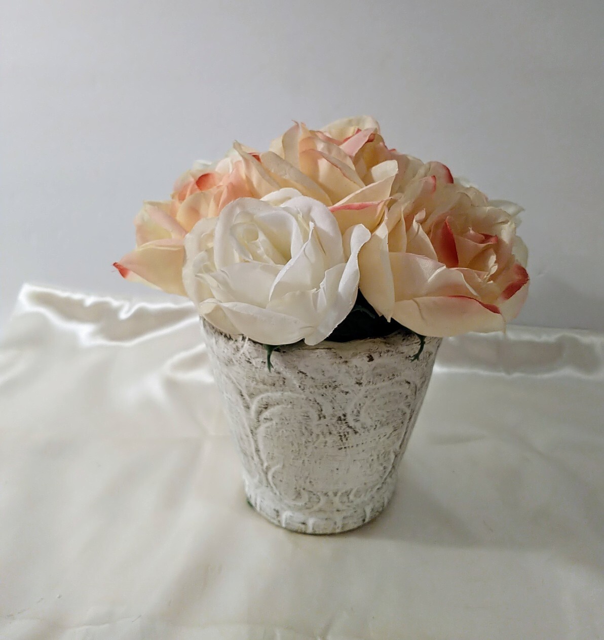 Roses Pottery Pot White & Pink Flowers Artificial Shabby Chic Decor 8″ x 7″