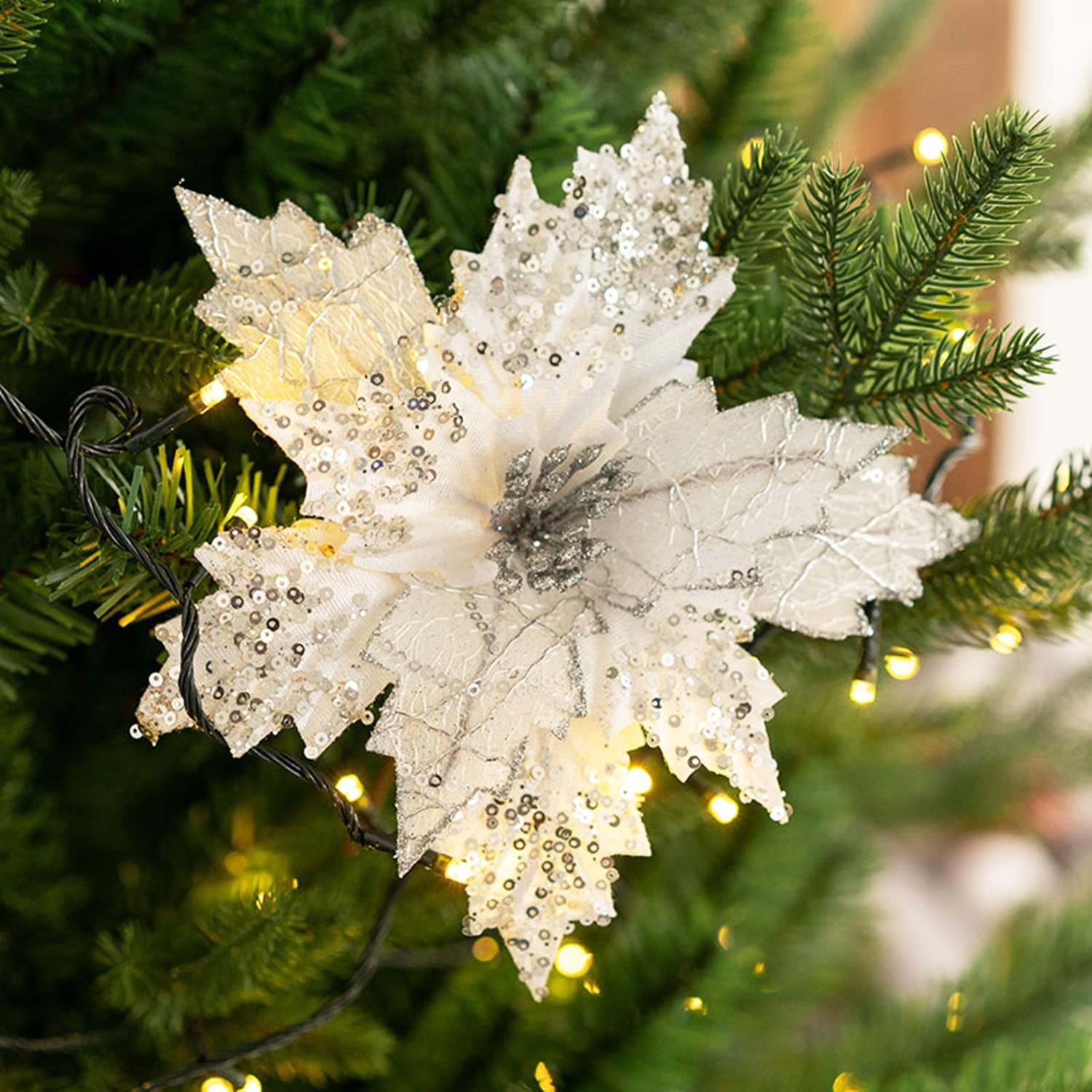 6 PCS Christmas Poinsettia Ornaments Picks Artificial Silk Flower Silver 7.8