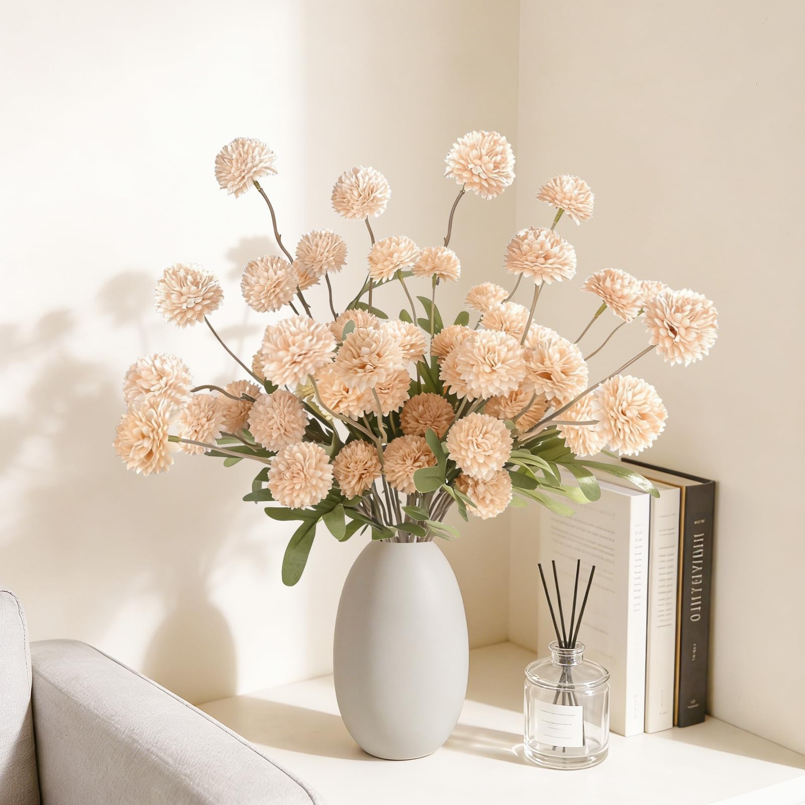 8 Pcs Apricot Beige Silk Pompon Kiku Mums, Artificial Flowers for Vase, Fake …