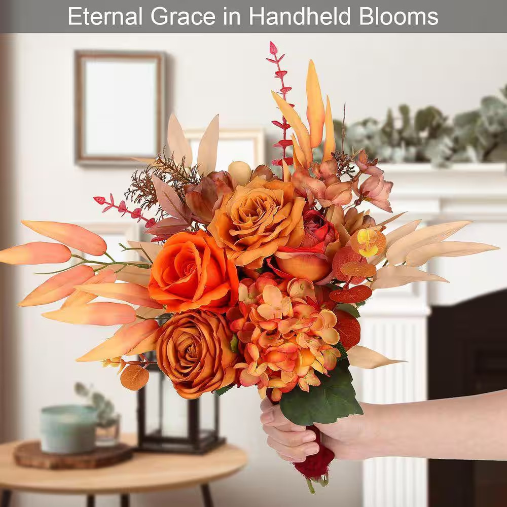 13 In. Orange Indoor Rose Hydrangea Floral Arrangement in Clear Glass Vase, Fall