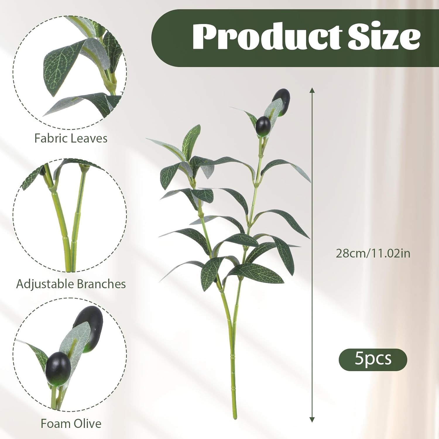 5Pcs Faux Olive Leaves Stems, 11 Inch Olive Branches Artificial Tree Tabletop Gr