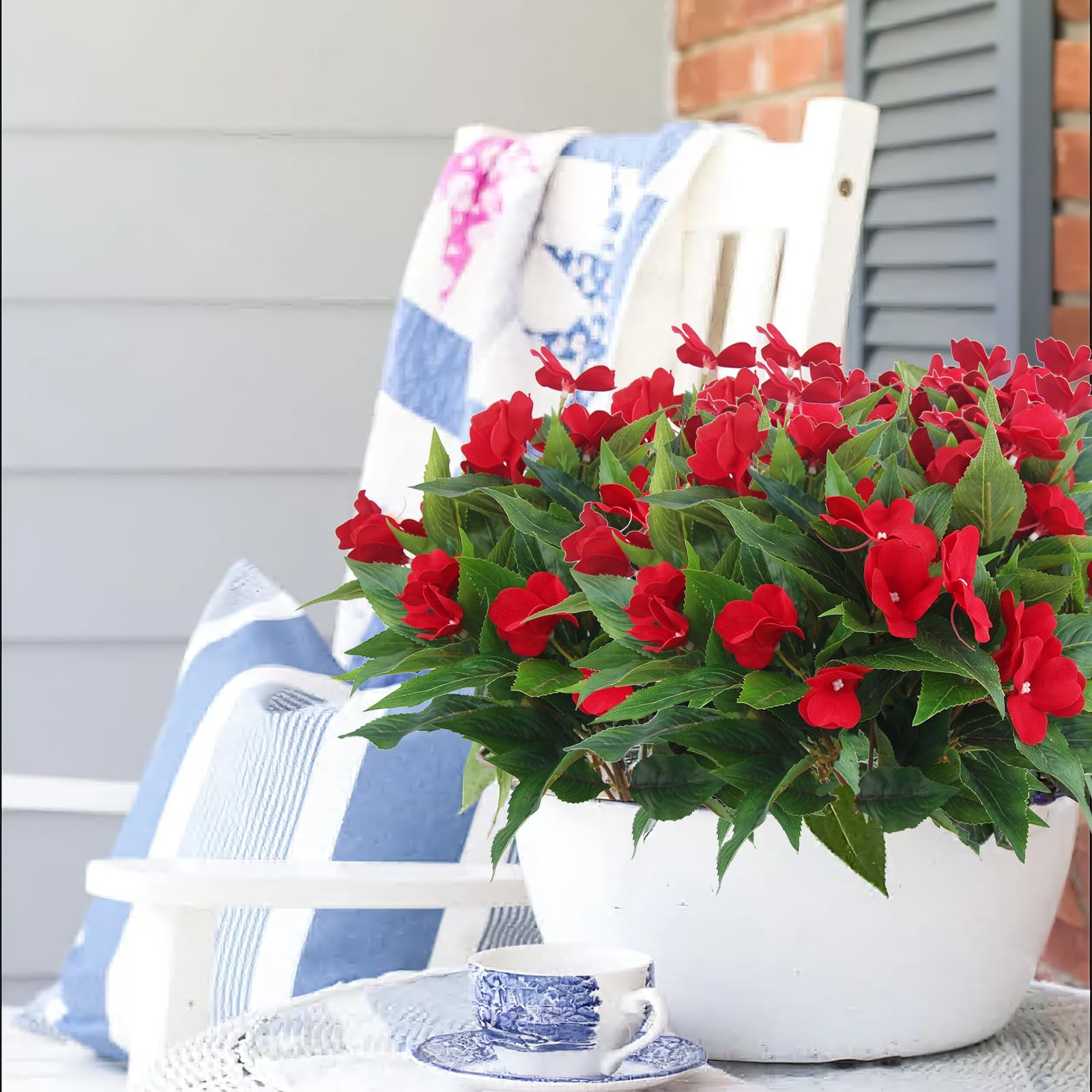 2Pcs Artificial Red Impatien Flowers Outdoor Silk Faux Bush Planter Basket Porch