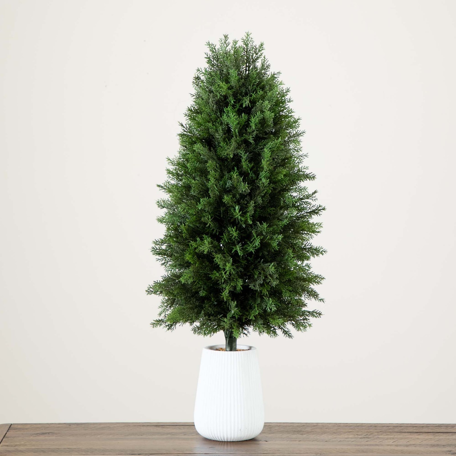 Nearly Natural 3ft UV Resistant Cedar Tree in White Planter in Green