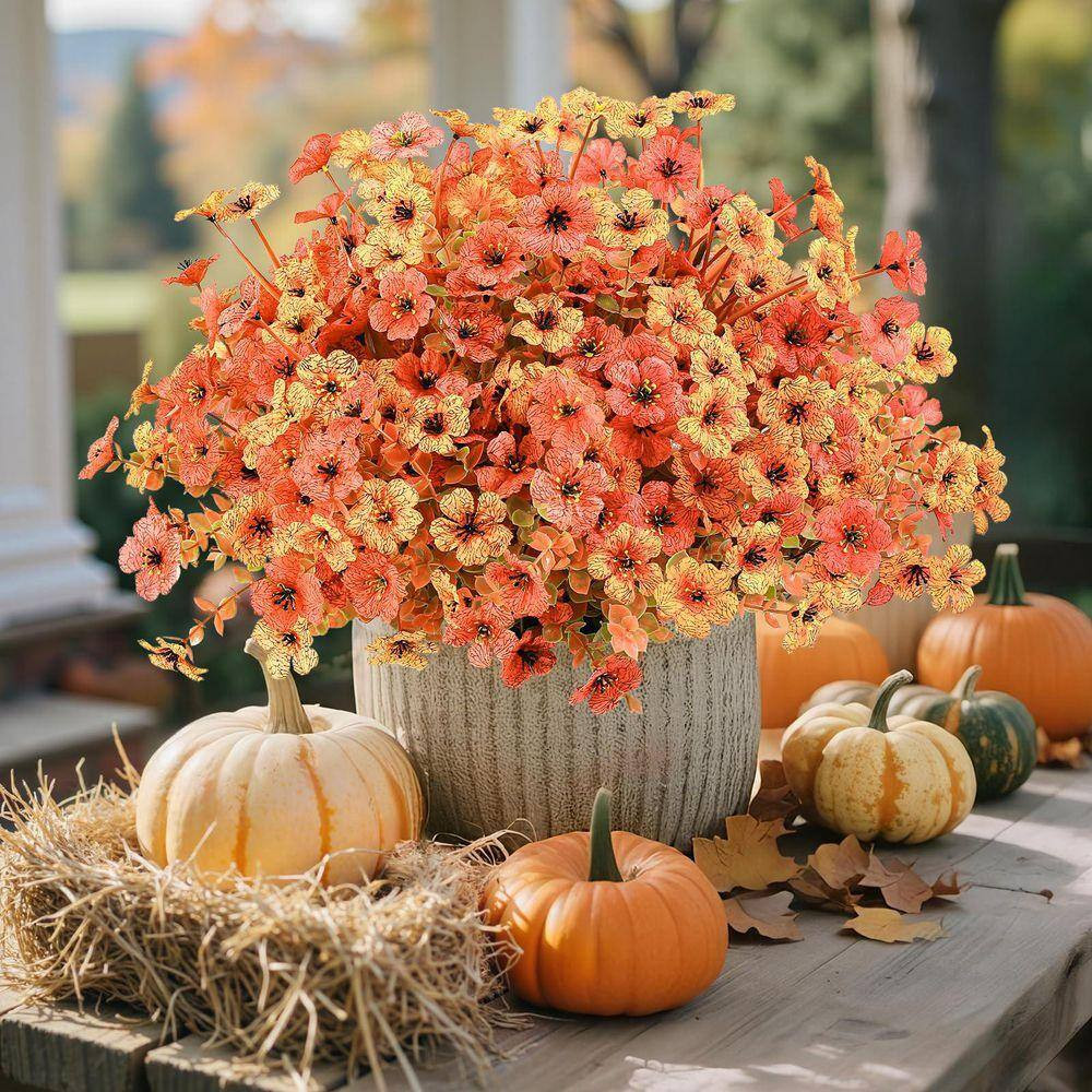 12.6 In. H Orange and Red Artificial Fall Mums Flowers with Faux Eucalyptus for