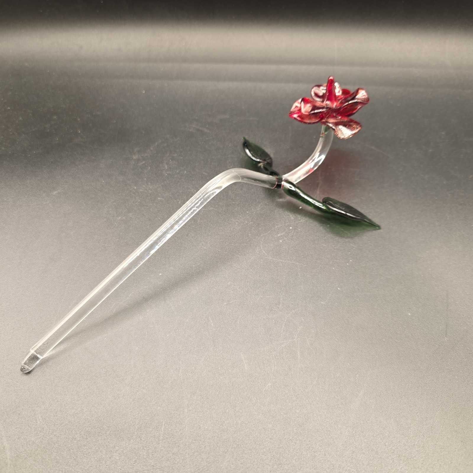 Glass Long Stem Red Rose with Green Leaves 10″ Applied Blown