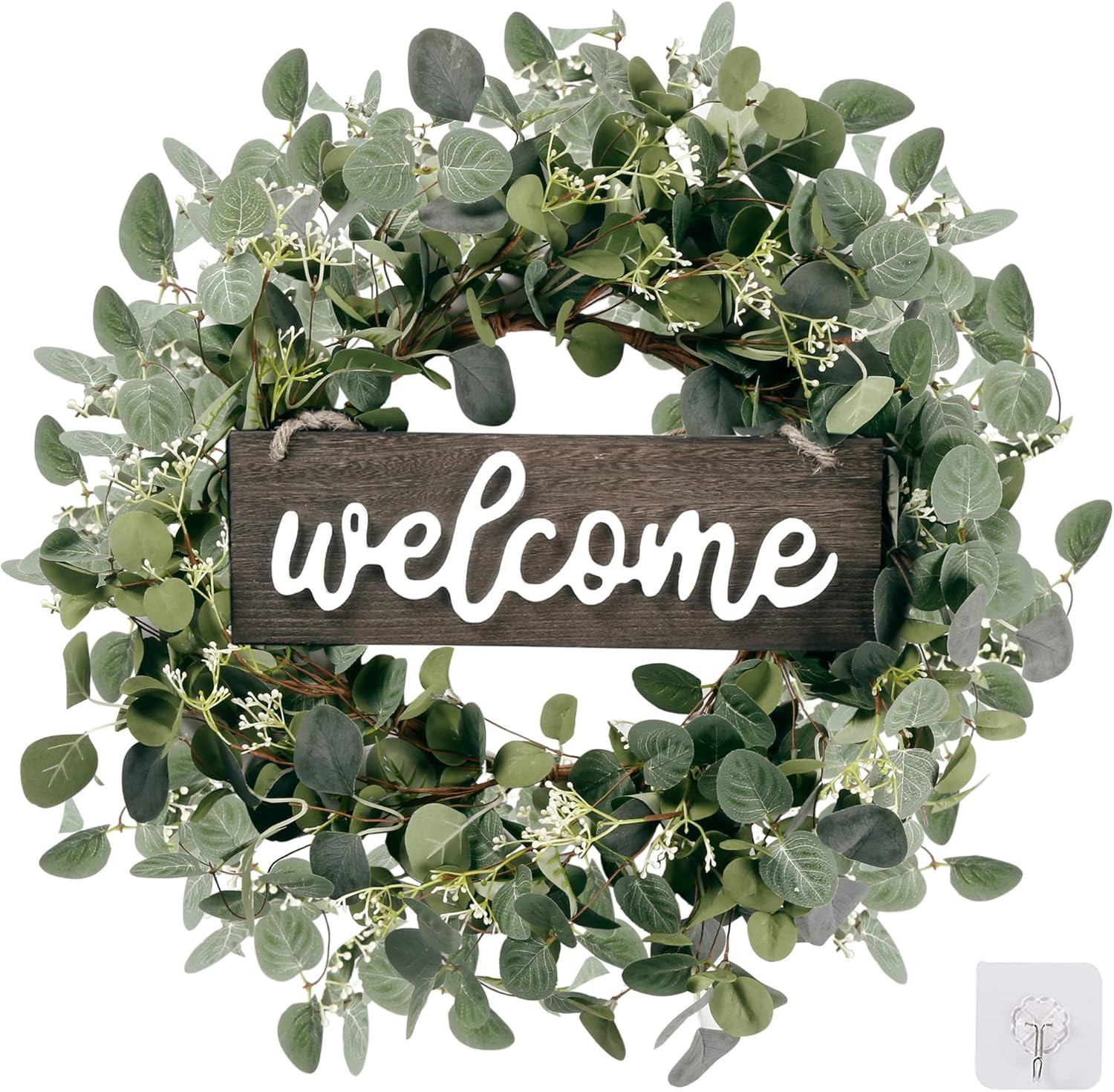 Green Eucalyptus Leaf Wreath with Welcome Sign 20In Artificial Eucalyptus Wreath