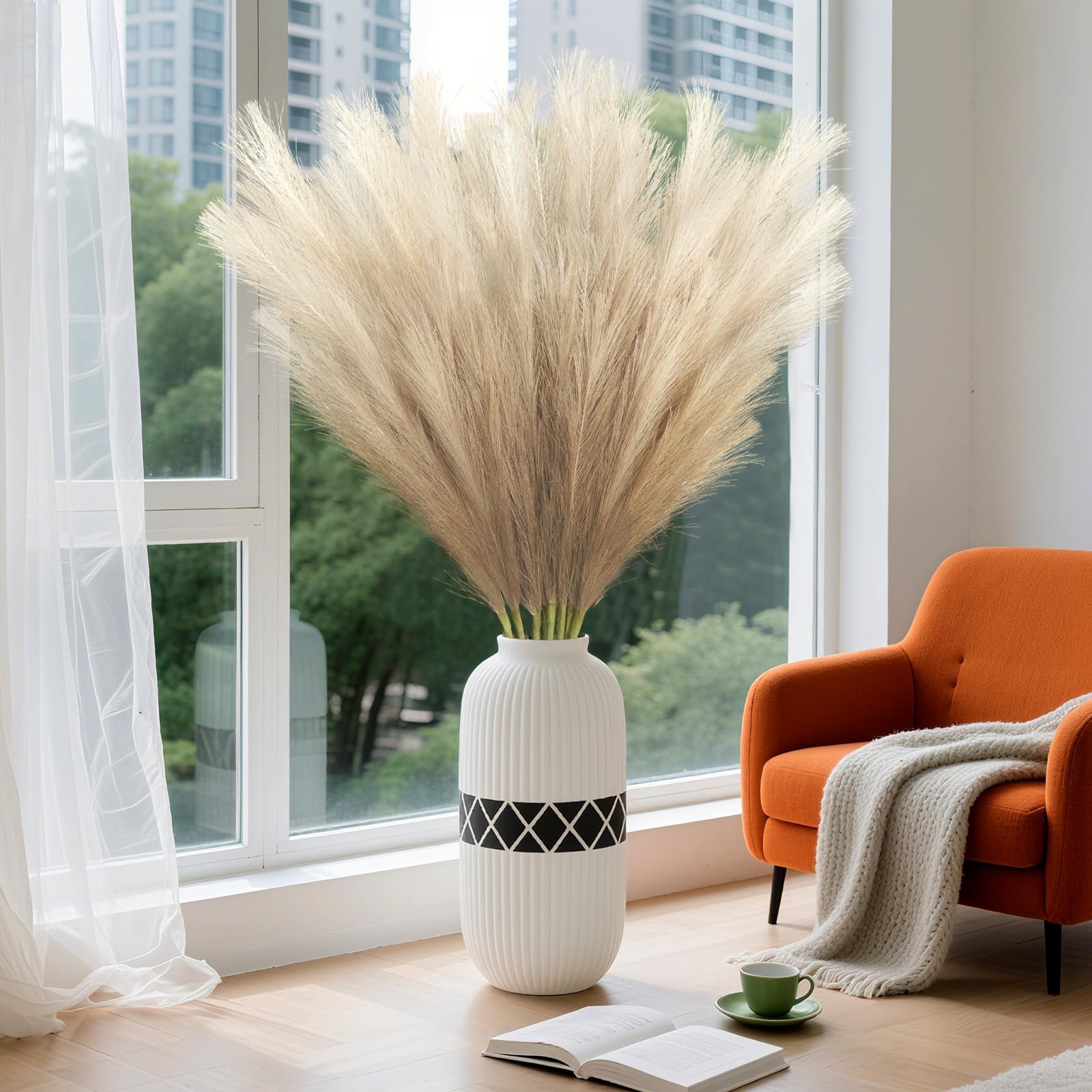 8Pcs Beige Brown Faux Pampas Grass Tall Decor, 35.4” Fluffy Artificial Pompou…