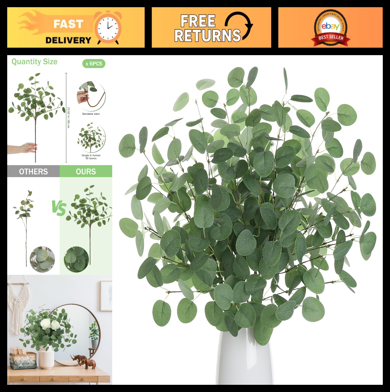 6pcs Eucalyptus Stems – Artificial Greenery Leaves, Faux Floral Bouquet for Home