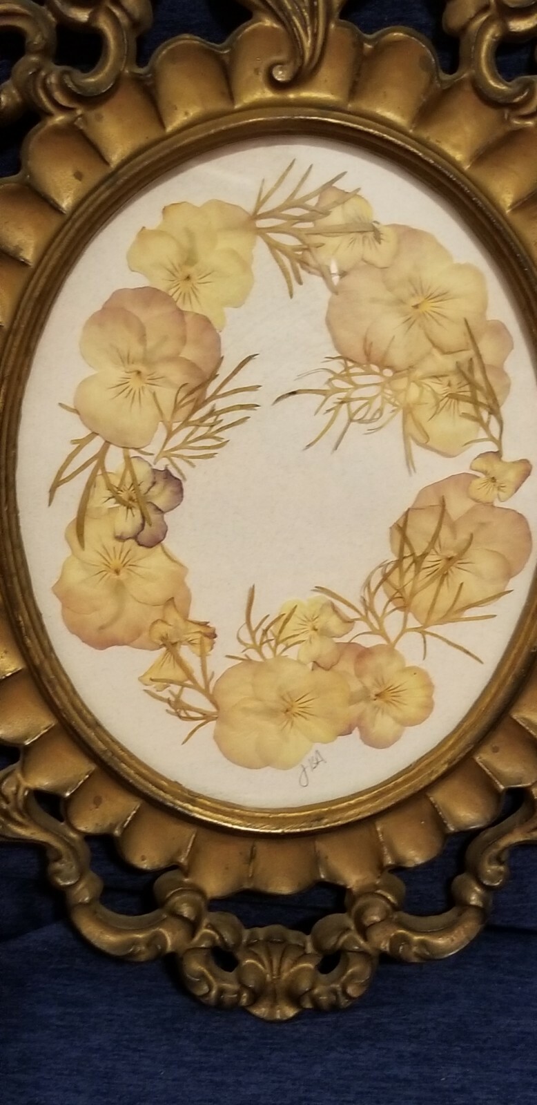 Pressed Flower Pansy Arrangement Ornate Framed Wall Hanging