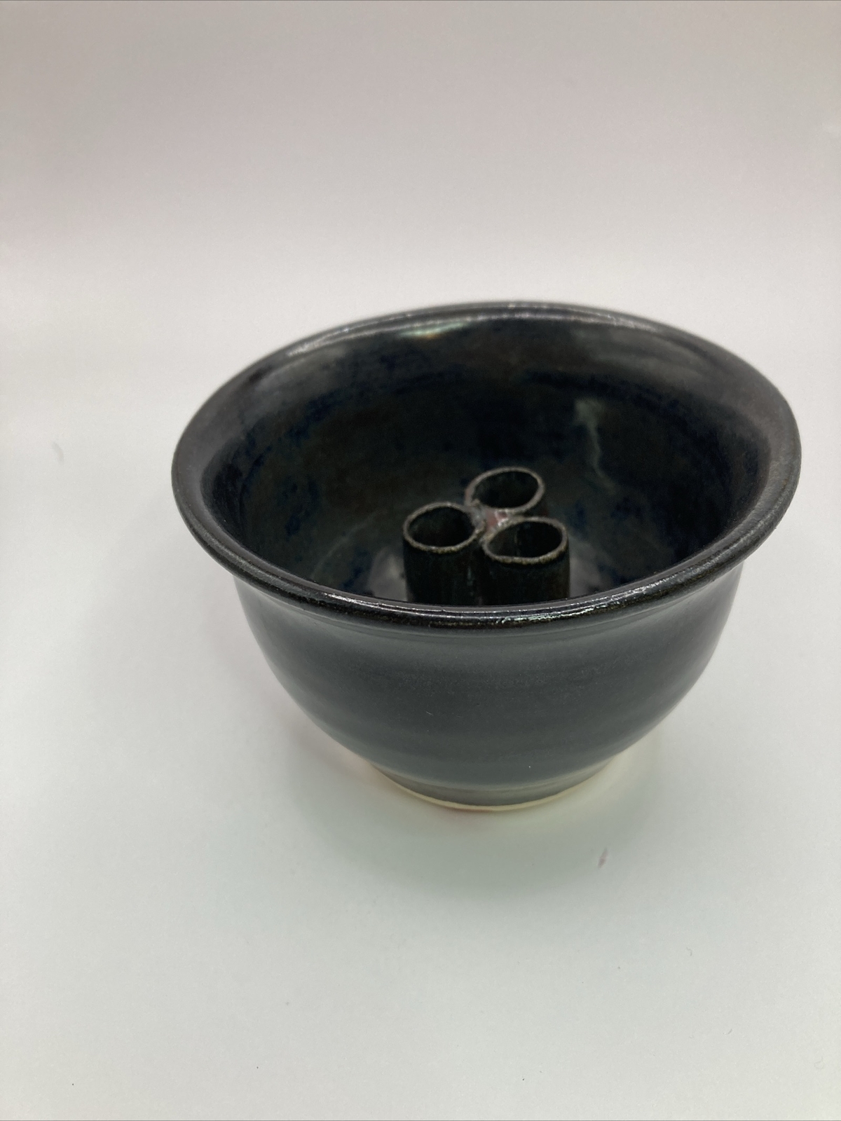 Flower Frog Vase Hand Glazed Handmade Pottery Black Handcrafted 3.5″x2.5″