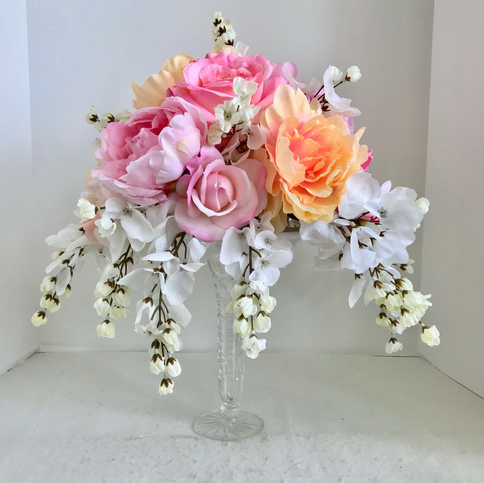 Floral Arrangement Centerpiece Multi-Colored Silk Flowers Cut Glass Vase