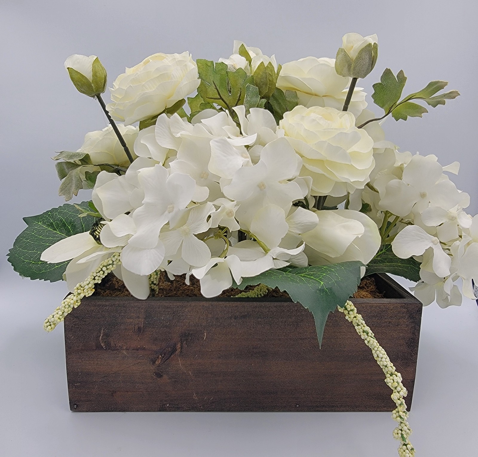 Faux Flowers Cream Peonies, Hydrangeas, Roses Ivy, Wood Box