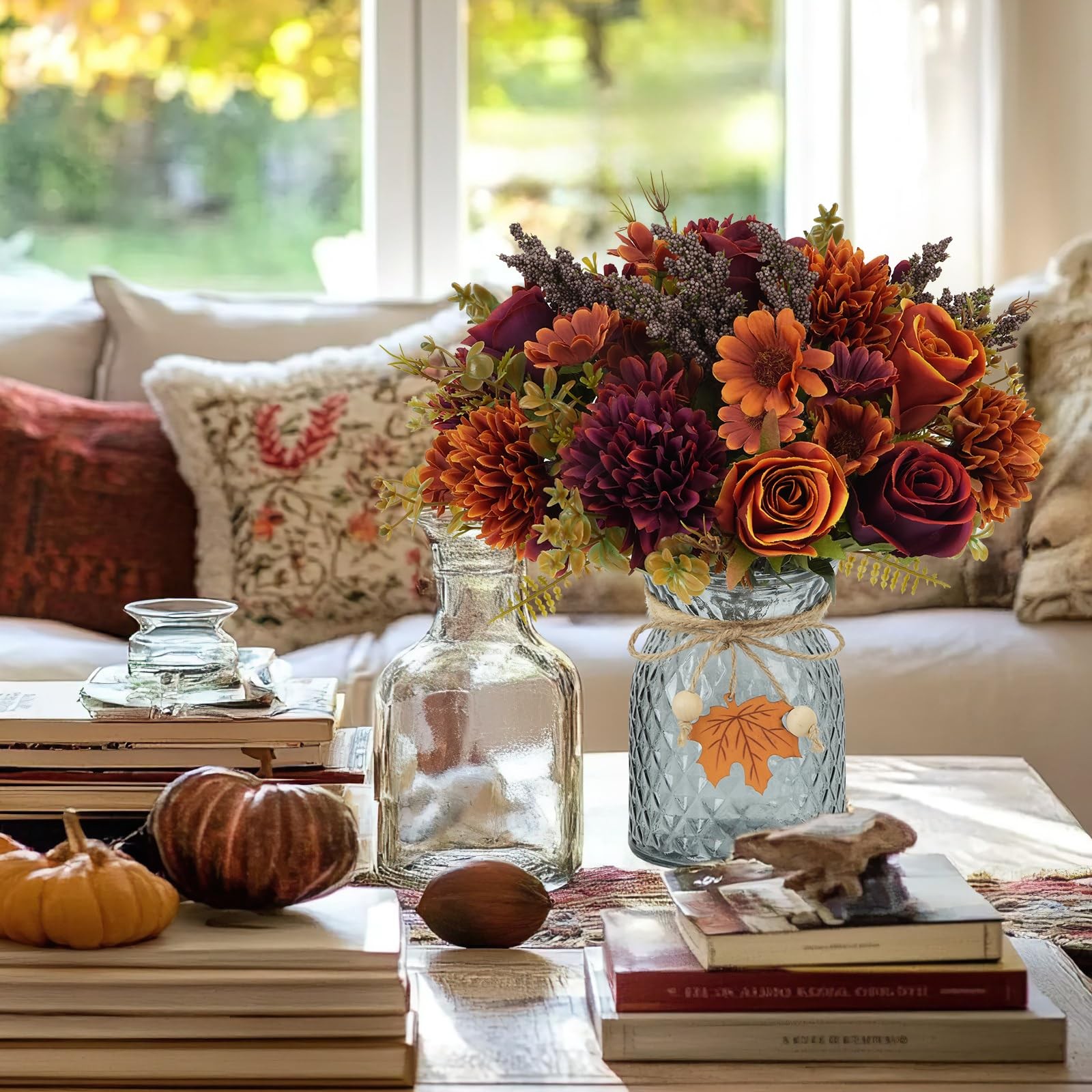 MHMJON Fall Silk Flowers Roses Daisies Vase 3 Bundles