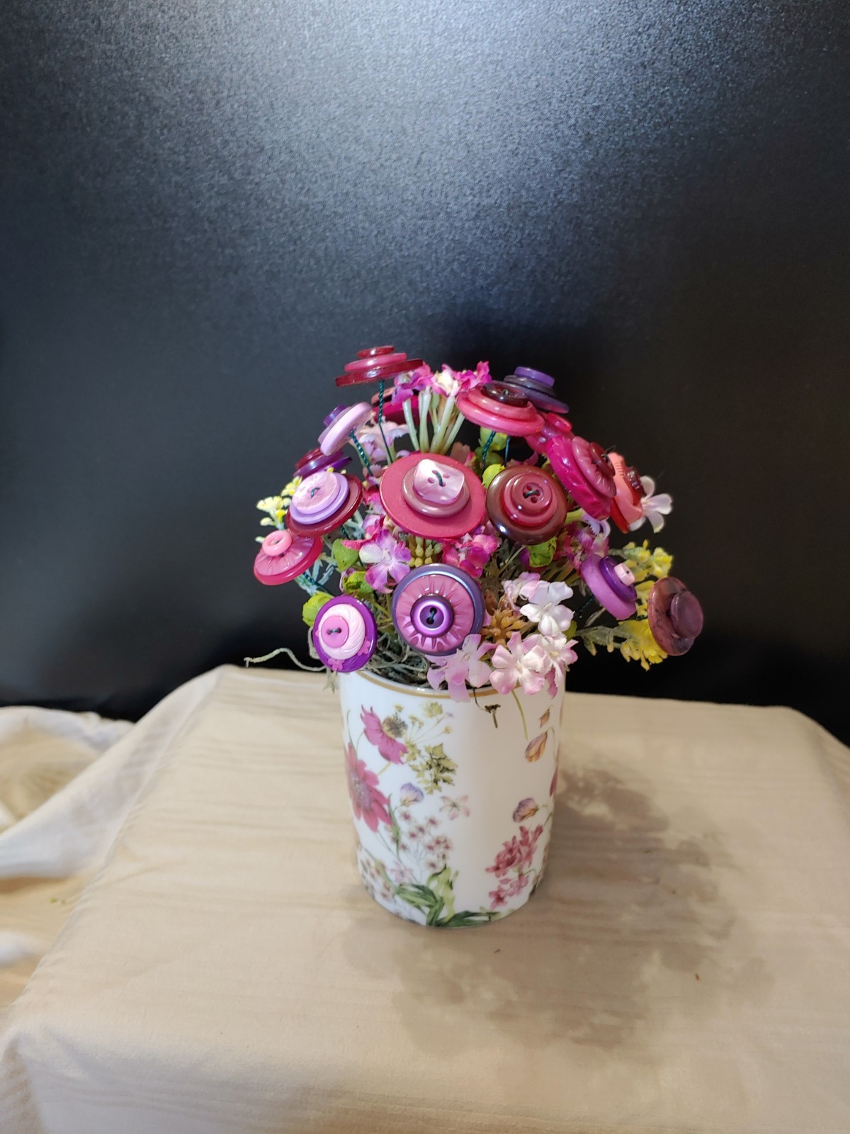 delicate floral mug with pink purple yellow BUTTON BOUQUET