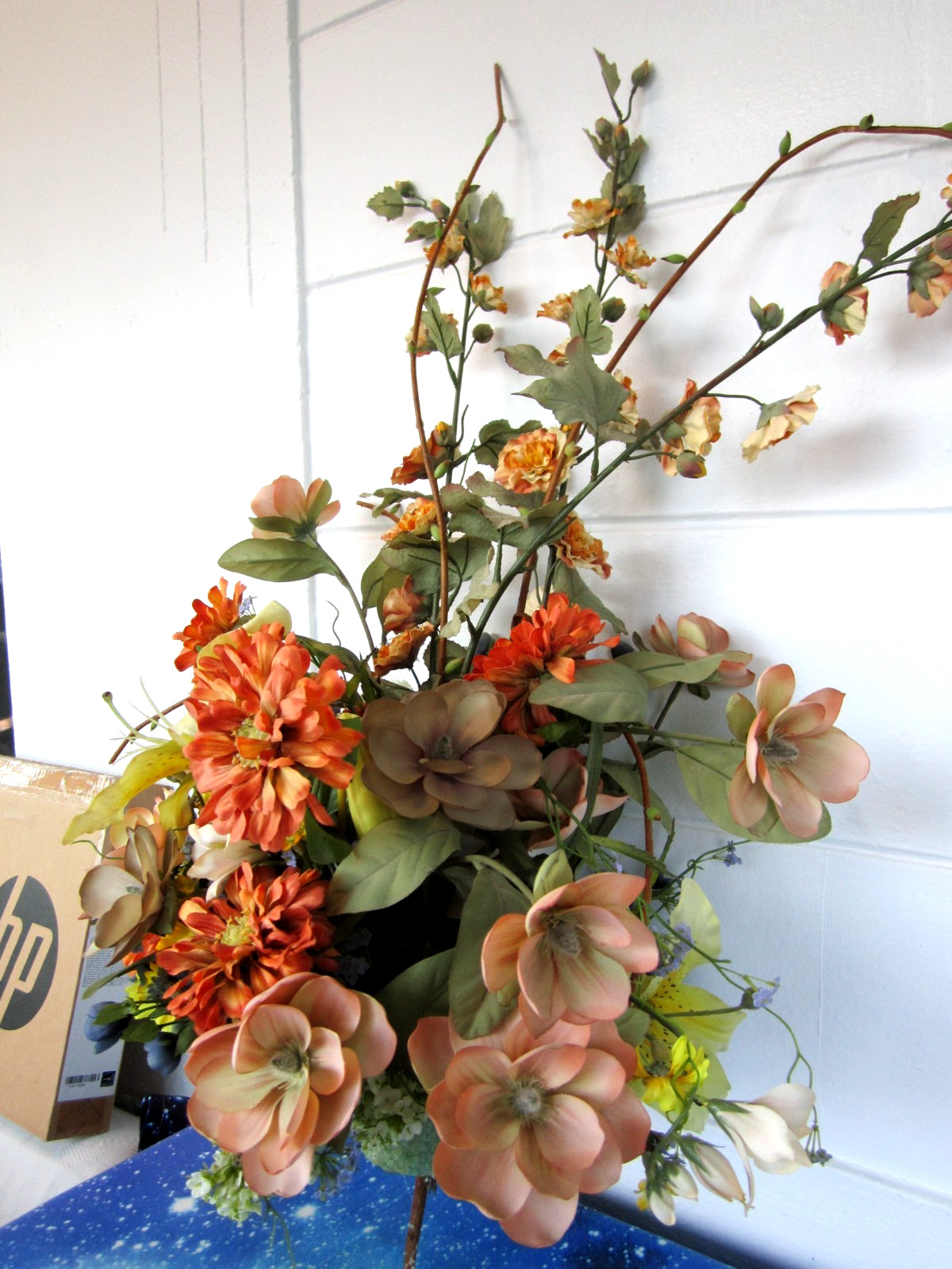 Beautiful Large Vtg Floral Arrangement Bouquet Orange Yellow Artificial Flowers
