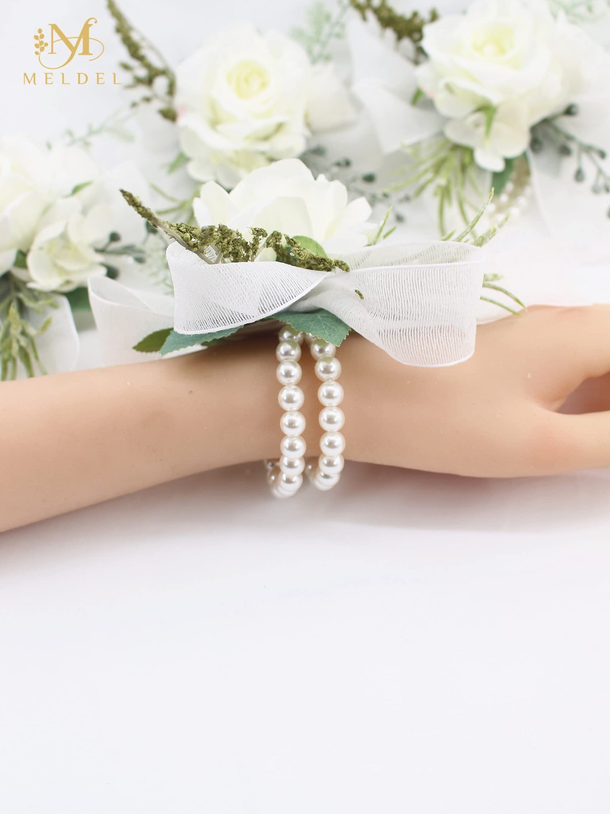 6 PCS Artificial White Rose Pearl Wrist Corsage Wedding Prom Party Bride