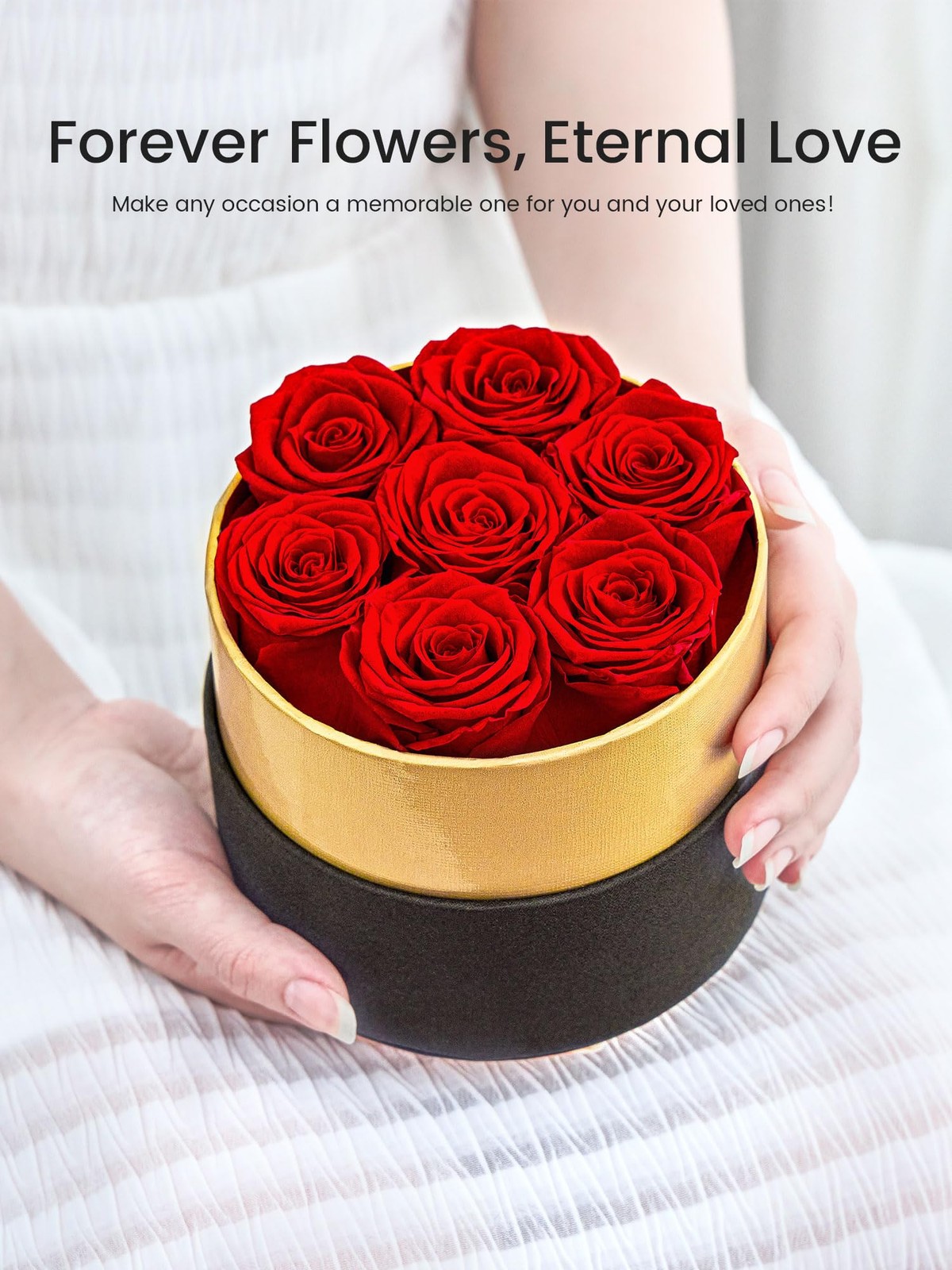 Long Lasting Preserved Forever Roses In Black Round Gold Box Red Flower