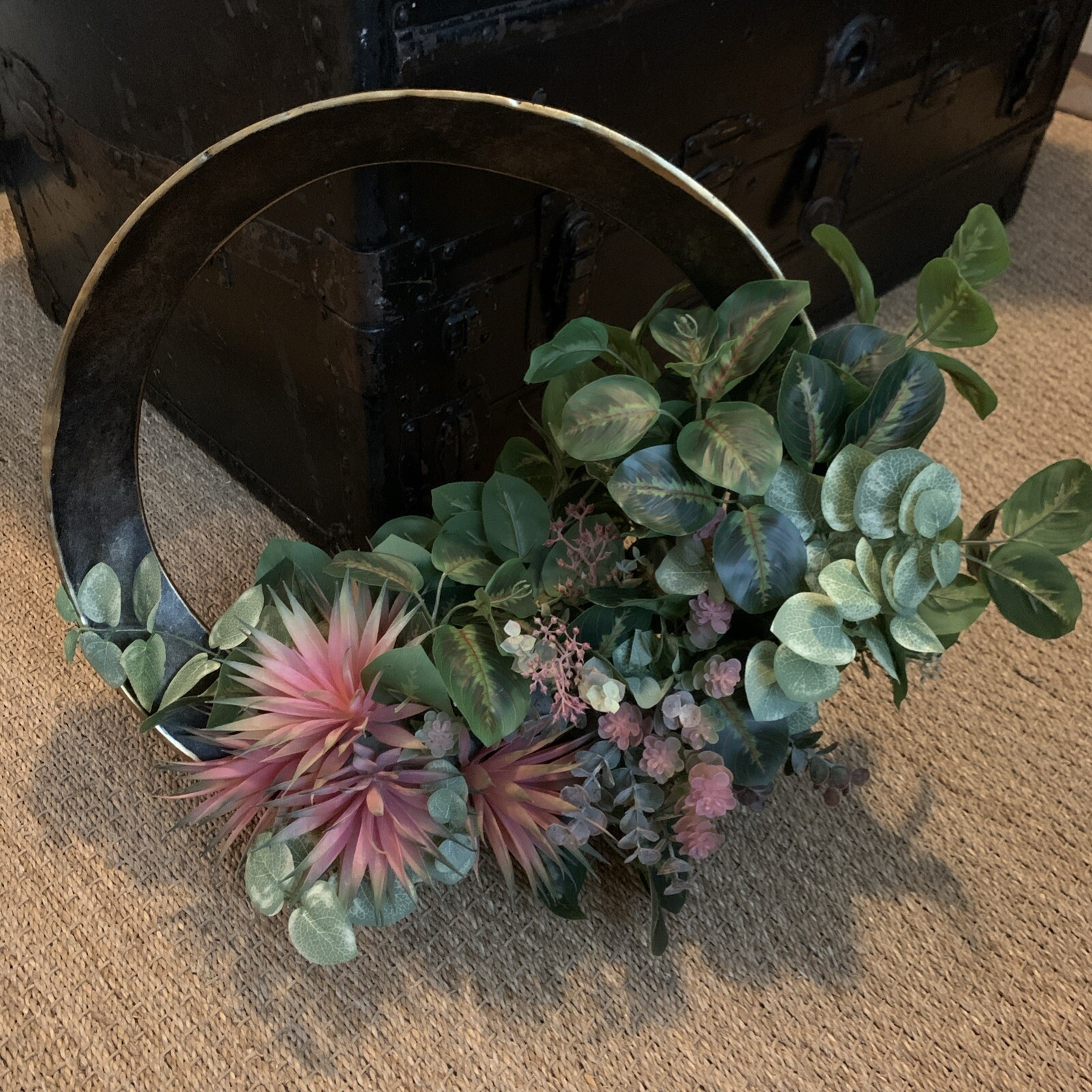 Unique Handcrafted Table Top Faux Floral Arrangement In Circular Decor Base