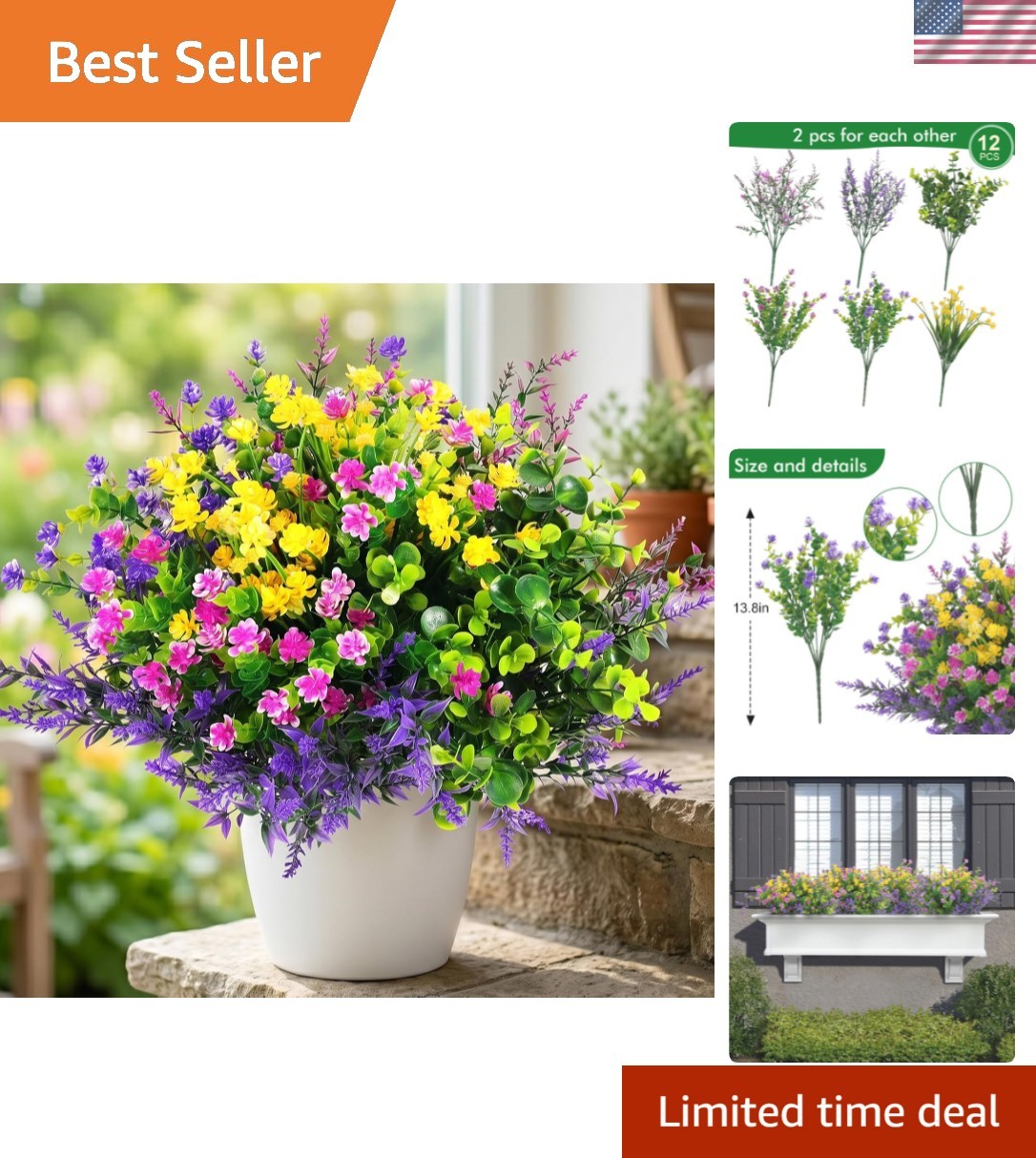 12 Pcs Artificial Flowers Outdoor, Faux Artificial Plants UV Resistant Plasti…